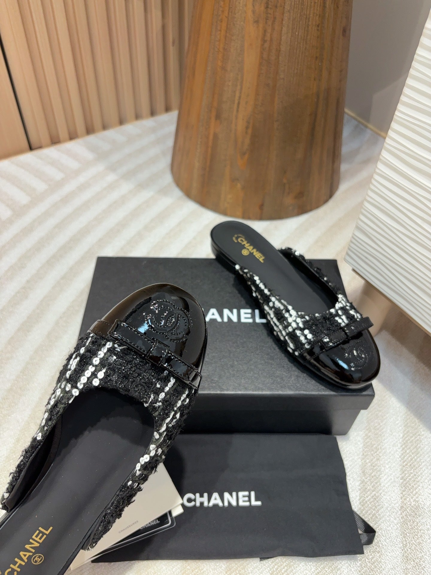 cc mule black tweed white sequin black patent calfskin