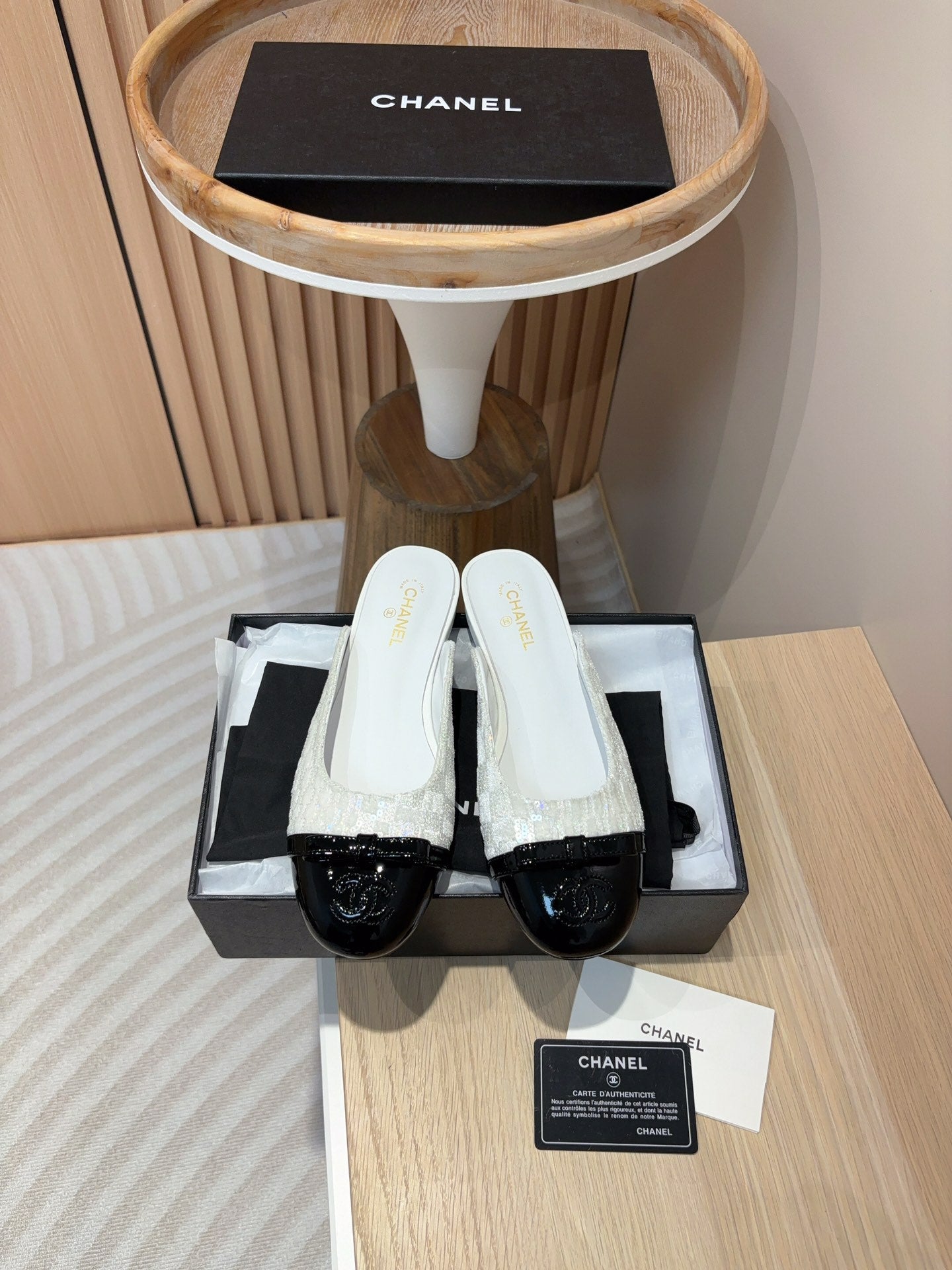 cc mule white tweed sequin black patent calfskin