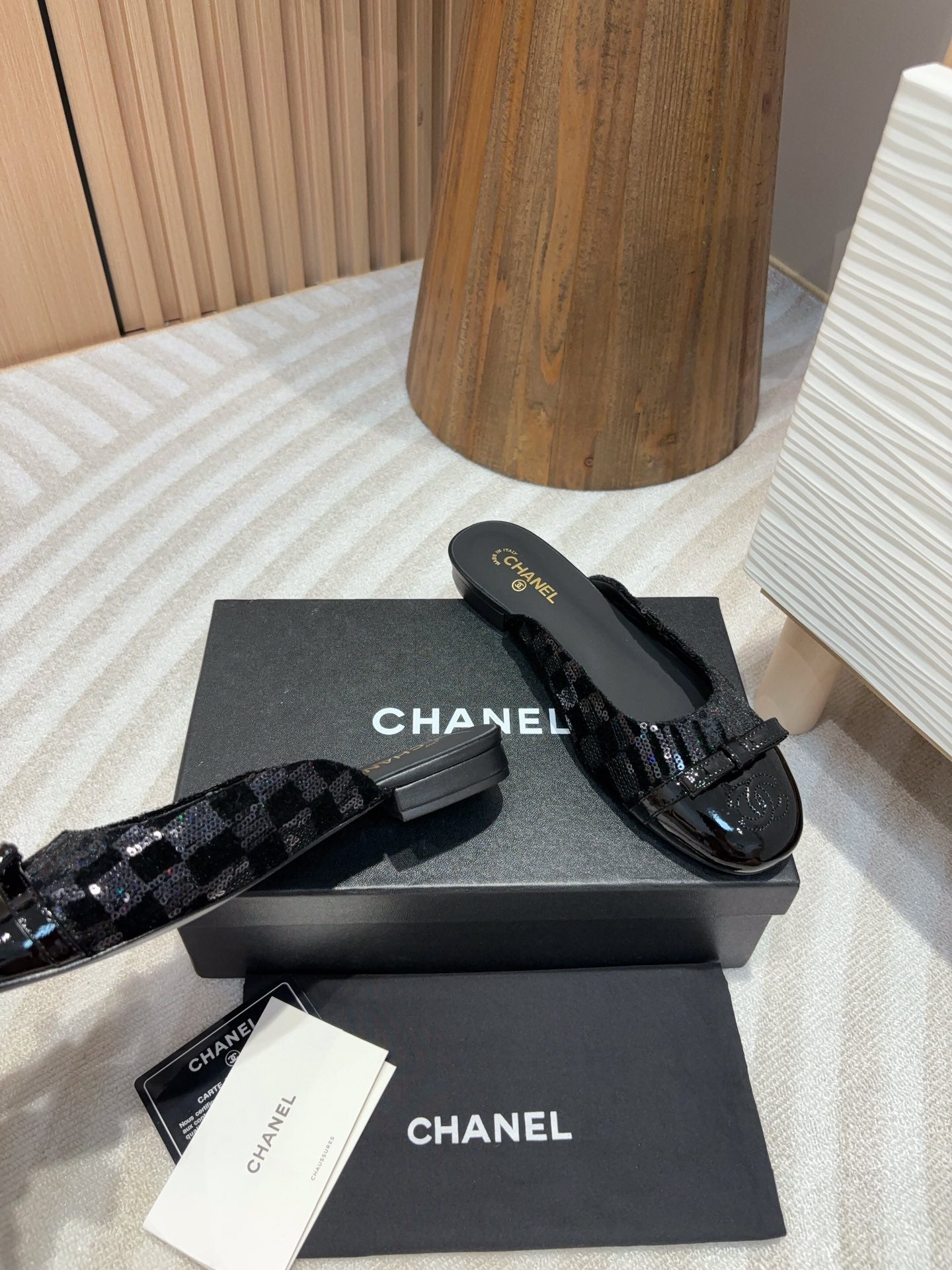 cc mule black tweed sequin black patent calfskin