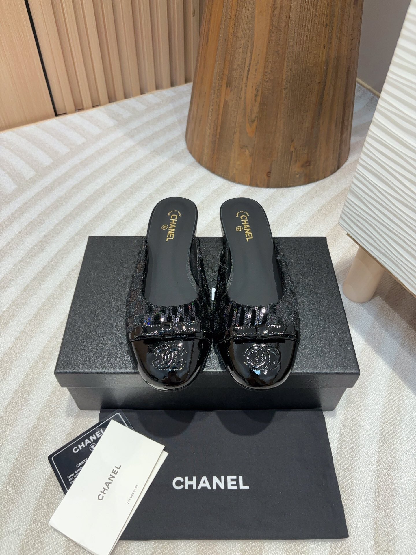 cc mule black tweed sequin black patent calfskin