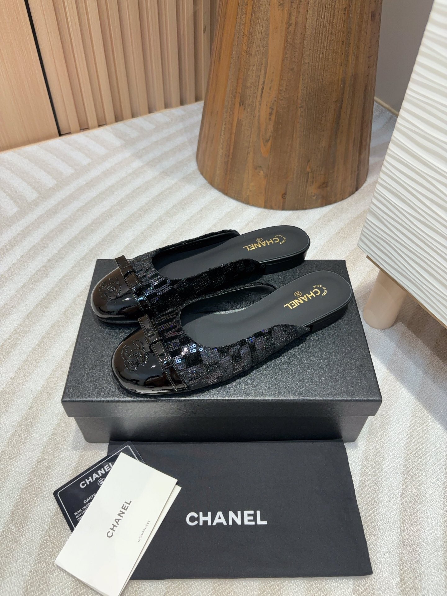 cc mule black tweed sequin black patent calfskin