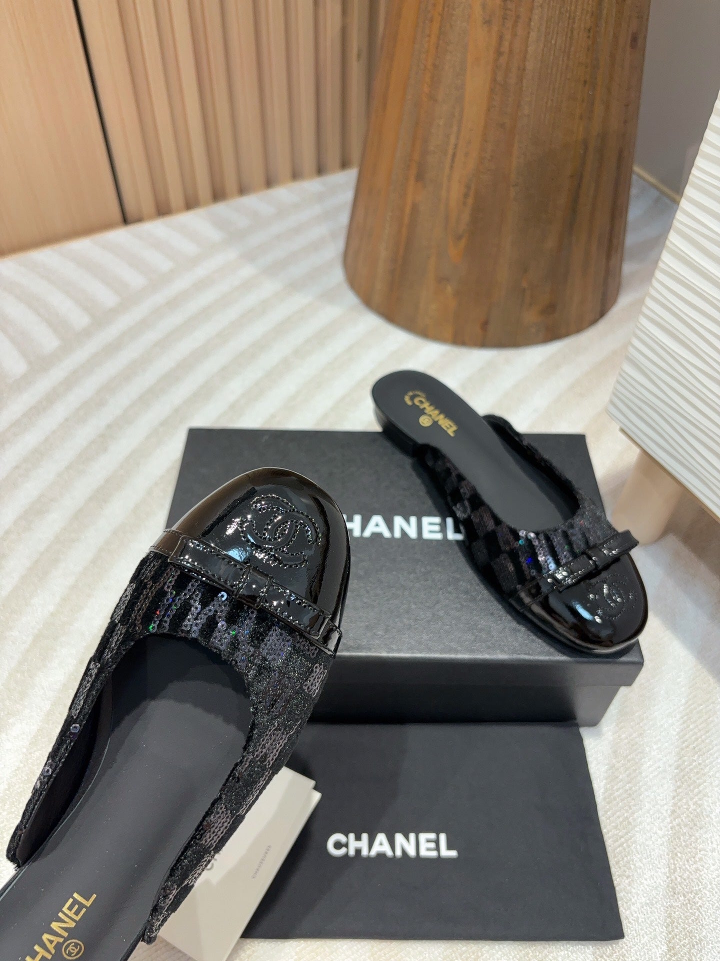 cc mule black tweed sequin black patent calfskin