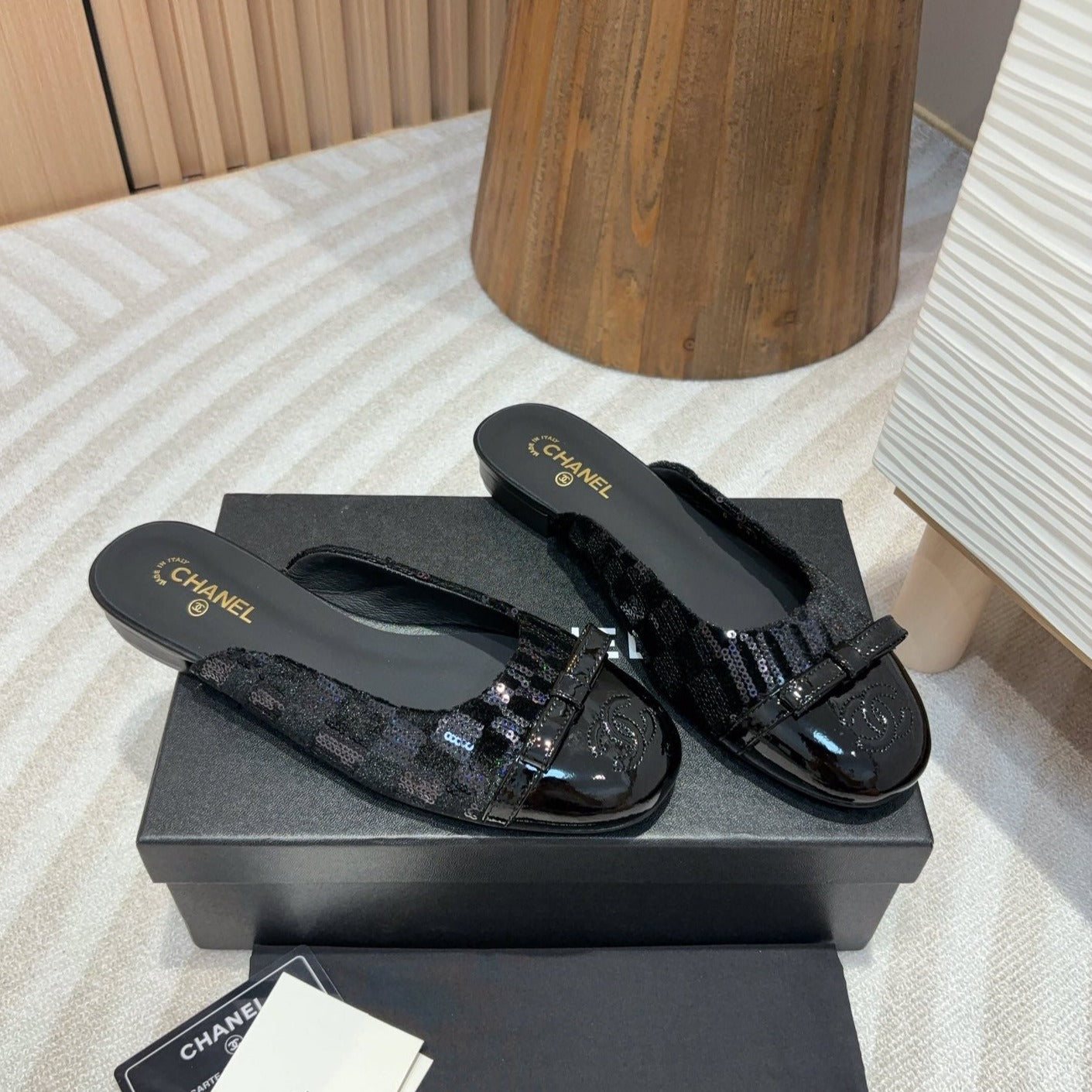 cc mule black tweed sequin black patent calfskin