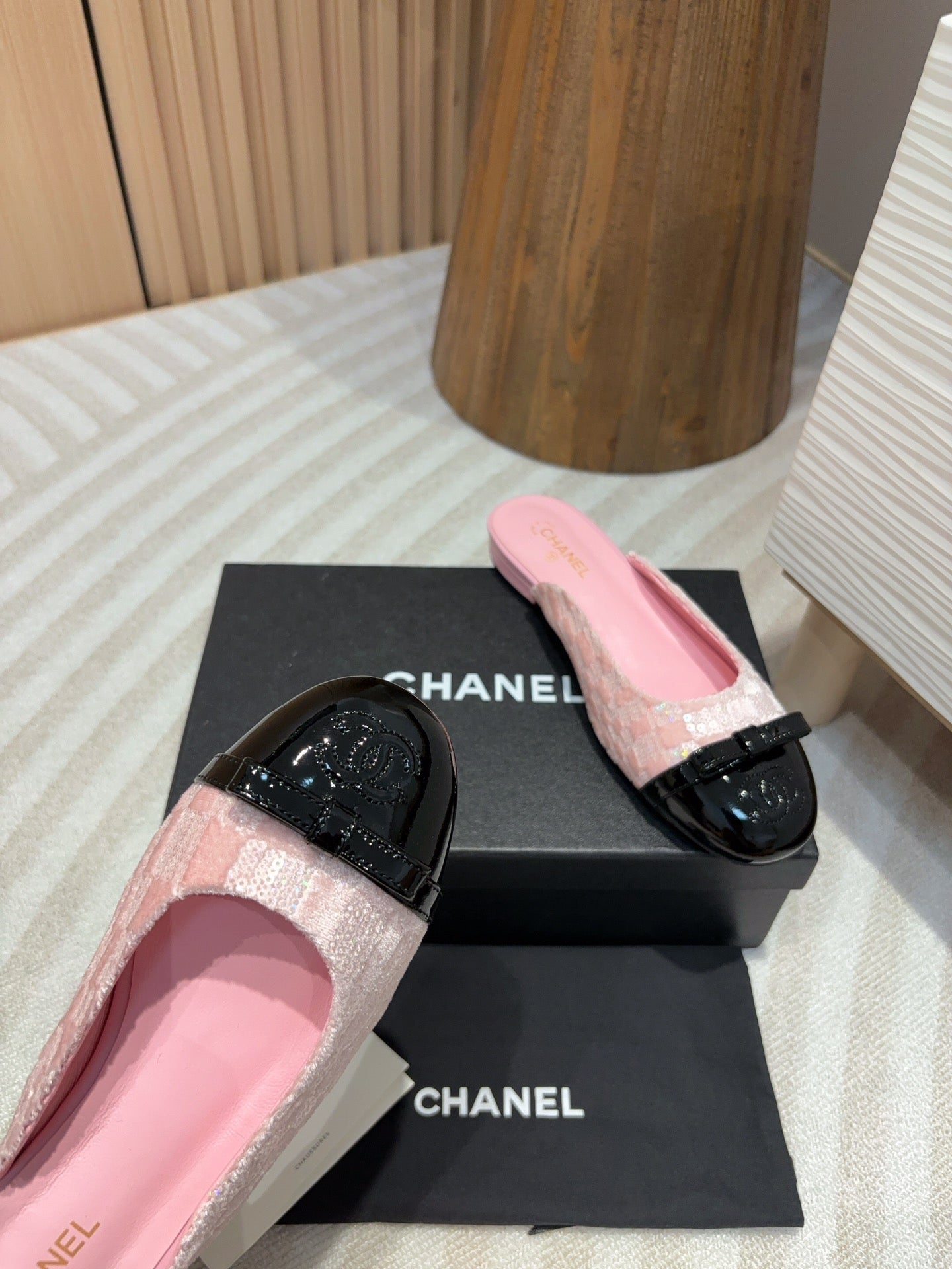 cc mule pink tweed sequin black patent calfskin