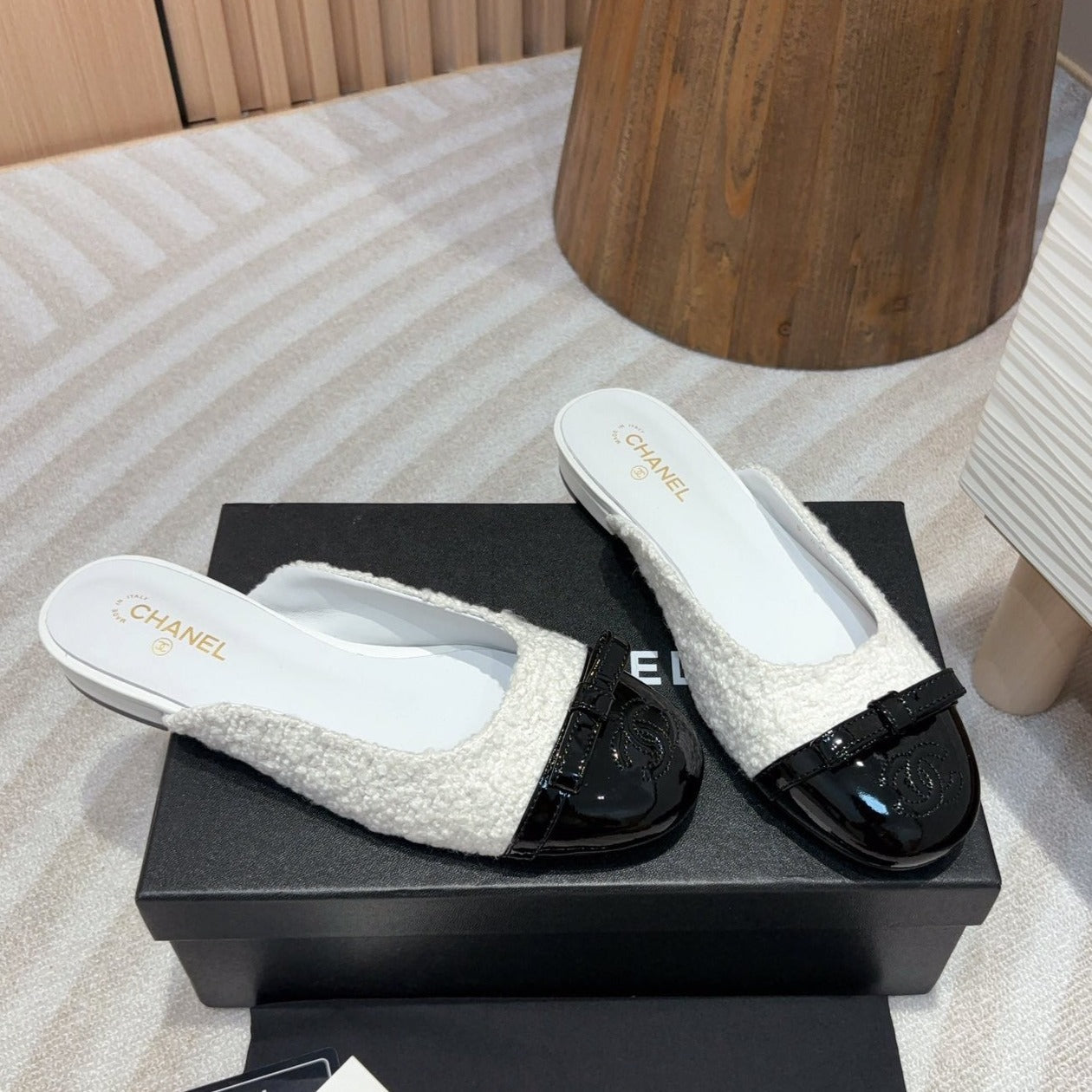 cc mule white tweed black patent calfskin