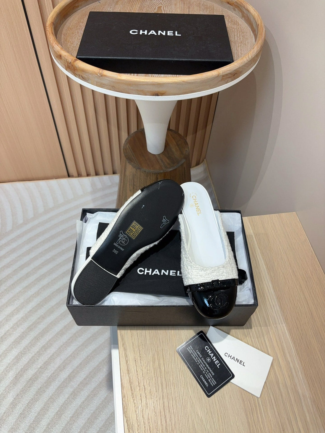 cc mule white tweed black patent calfskin