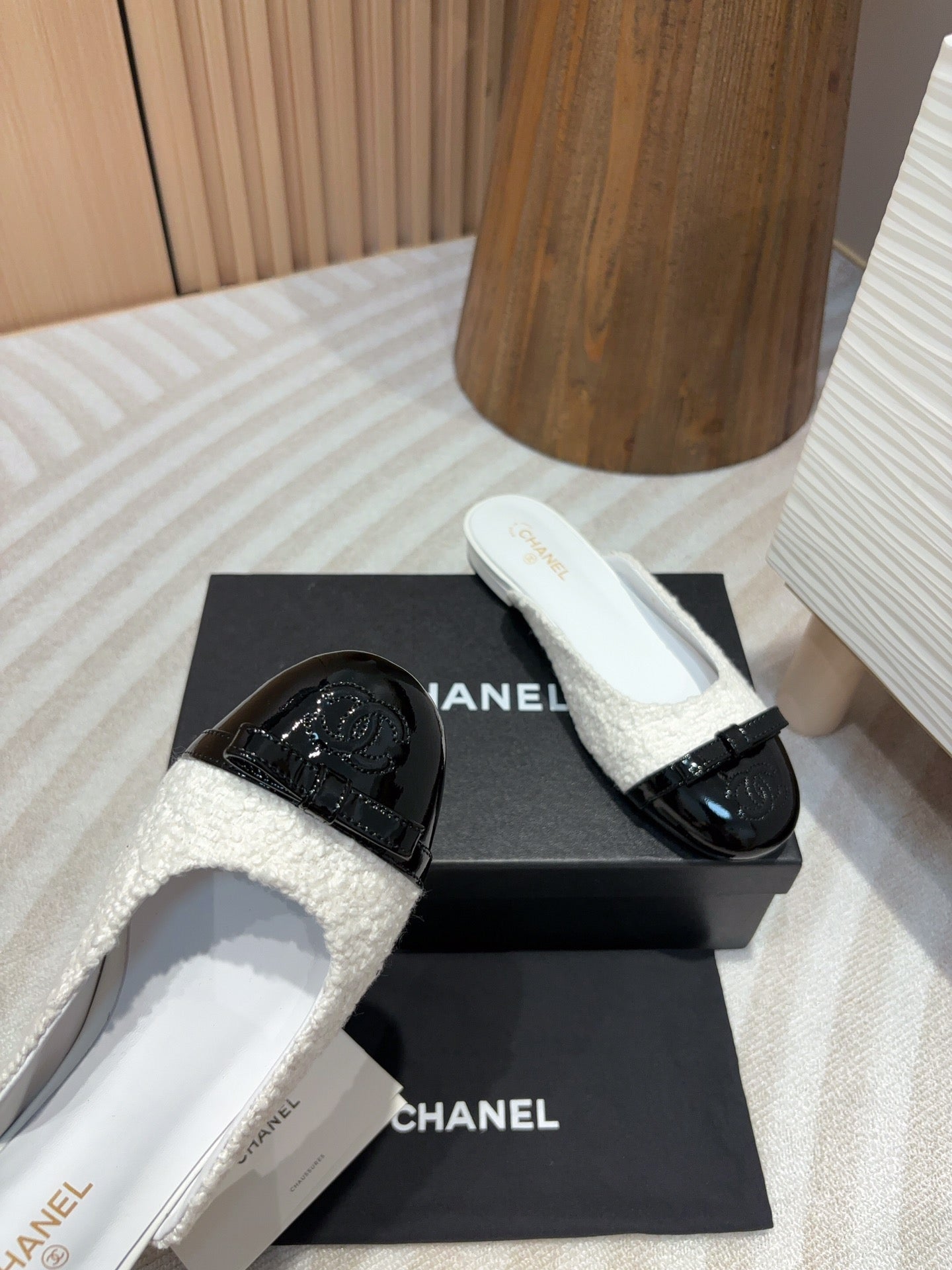 cc mule white tweed black patent calfskin