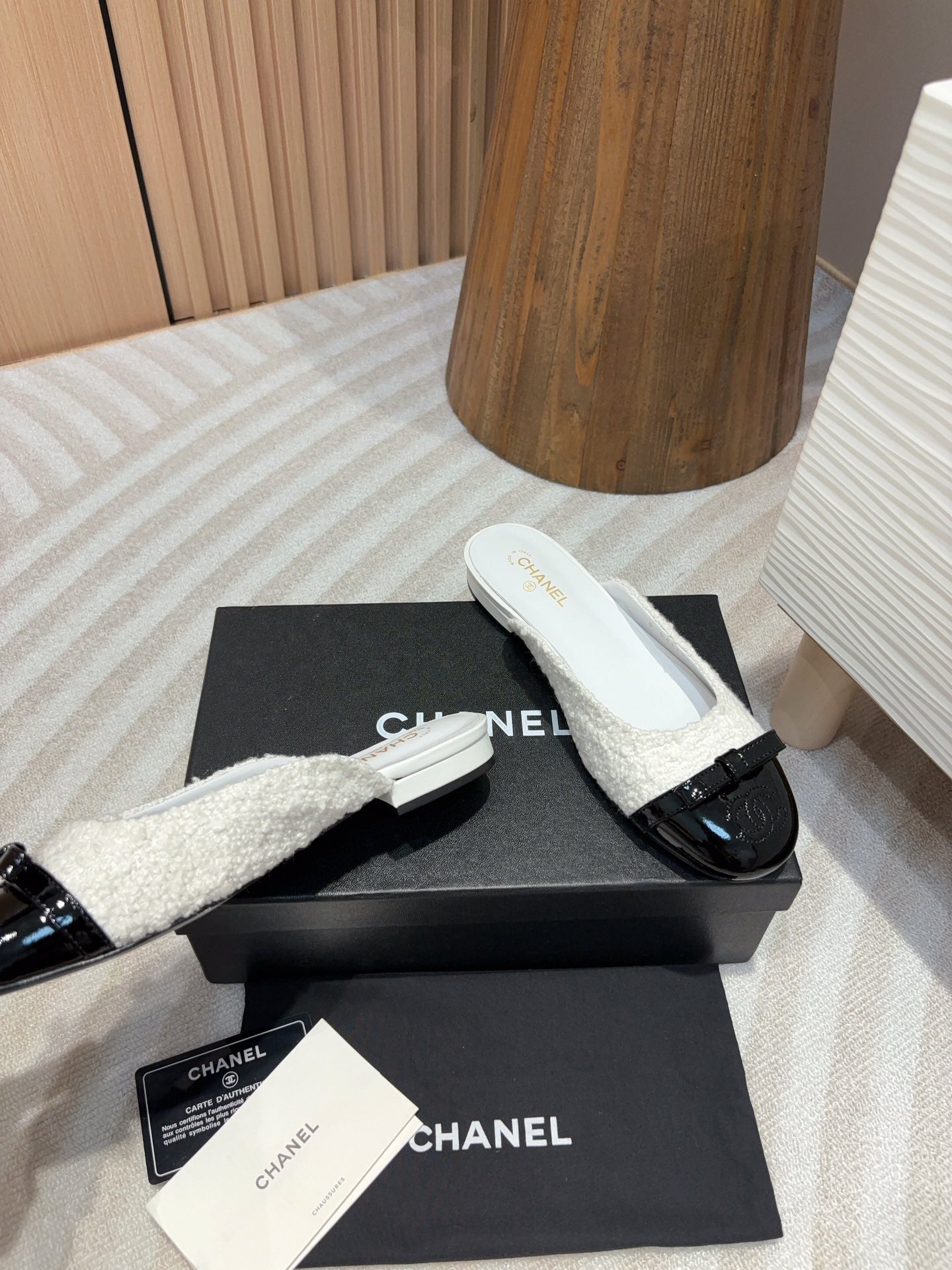 cc mule white tweed black patent calfskin