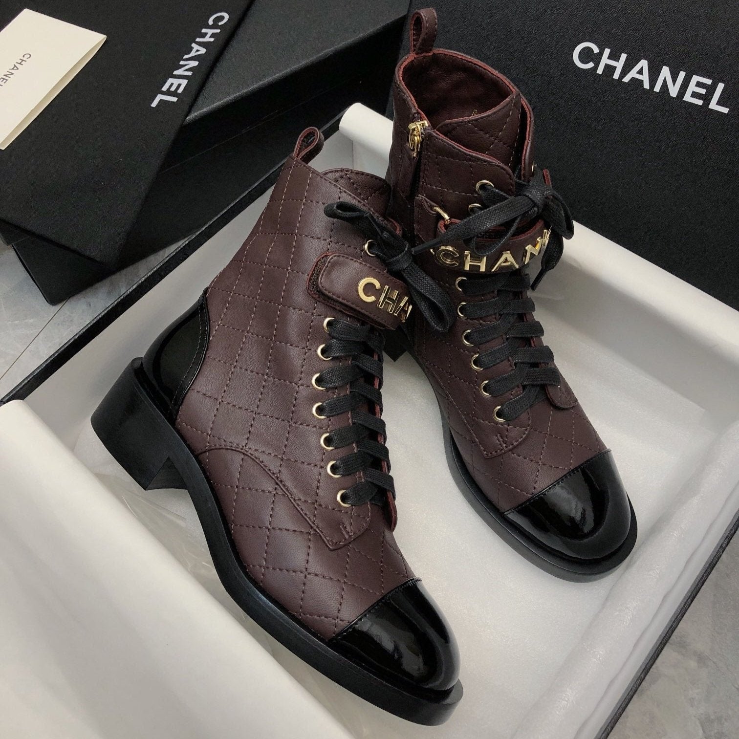 CC Short Boots 45mm In Brown Red Mix Black Quilted Lambskin And Glossy Cowhide 950033