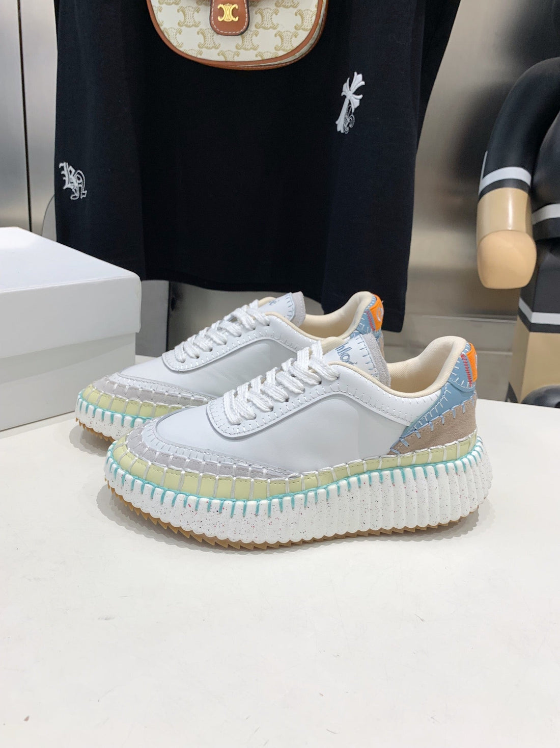 CHLOÃ‰ NAMA SNEAKER 5 CM IN WHITE MIX GREEN CALFSKIN