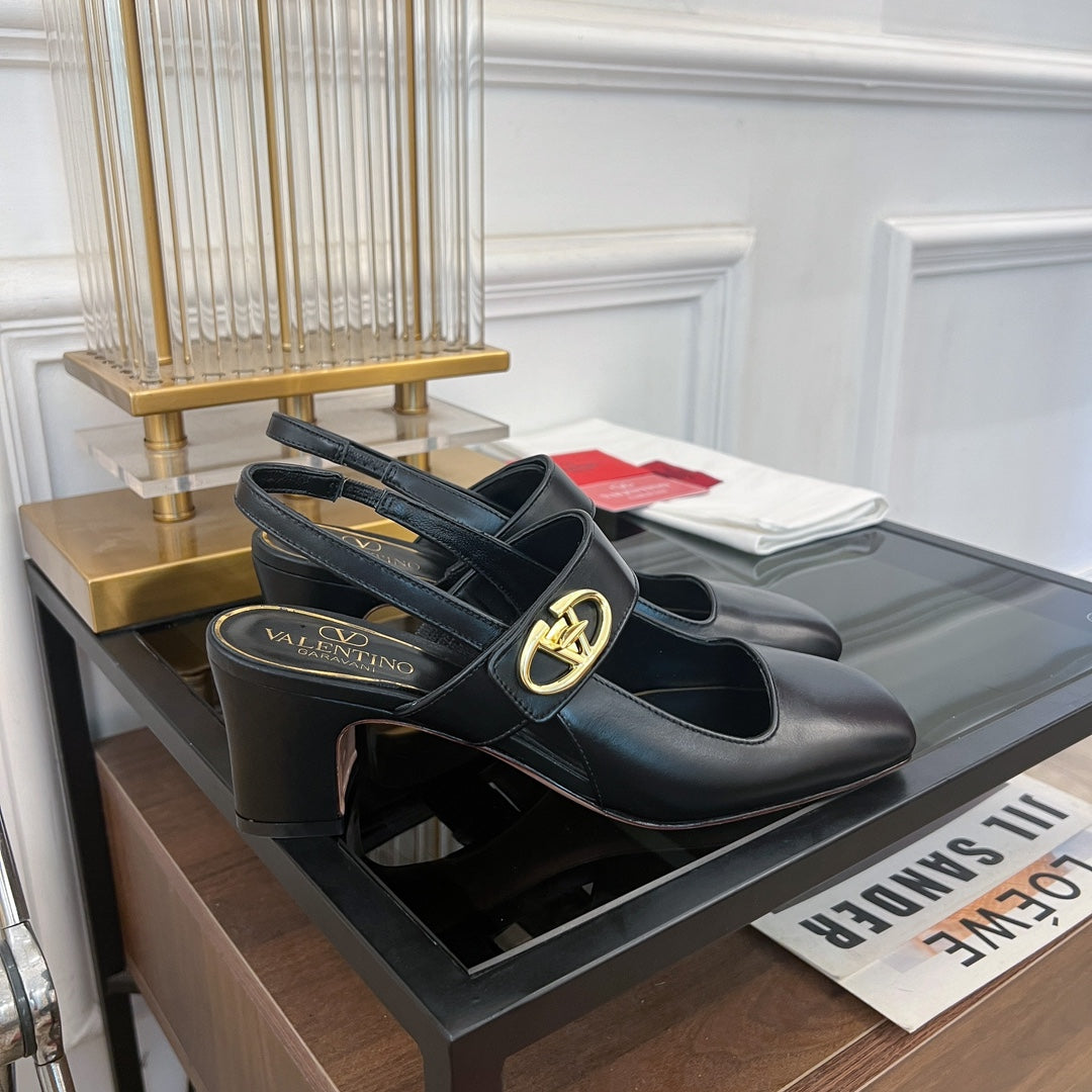 MARY-JANE VLOGO LOCKER SLINGBACK PUMPS BLACK SHEEPSKIN 60 MM