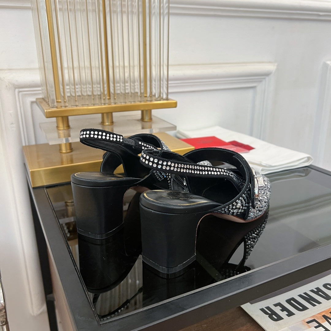 MARY-JANE VLOGO LOCKER SLINGBACK PUMPS BLACK SHEEPSKIN WITH 60MM CRYSTALS