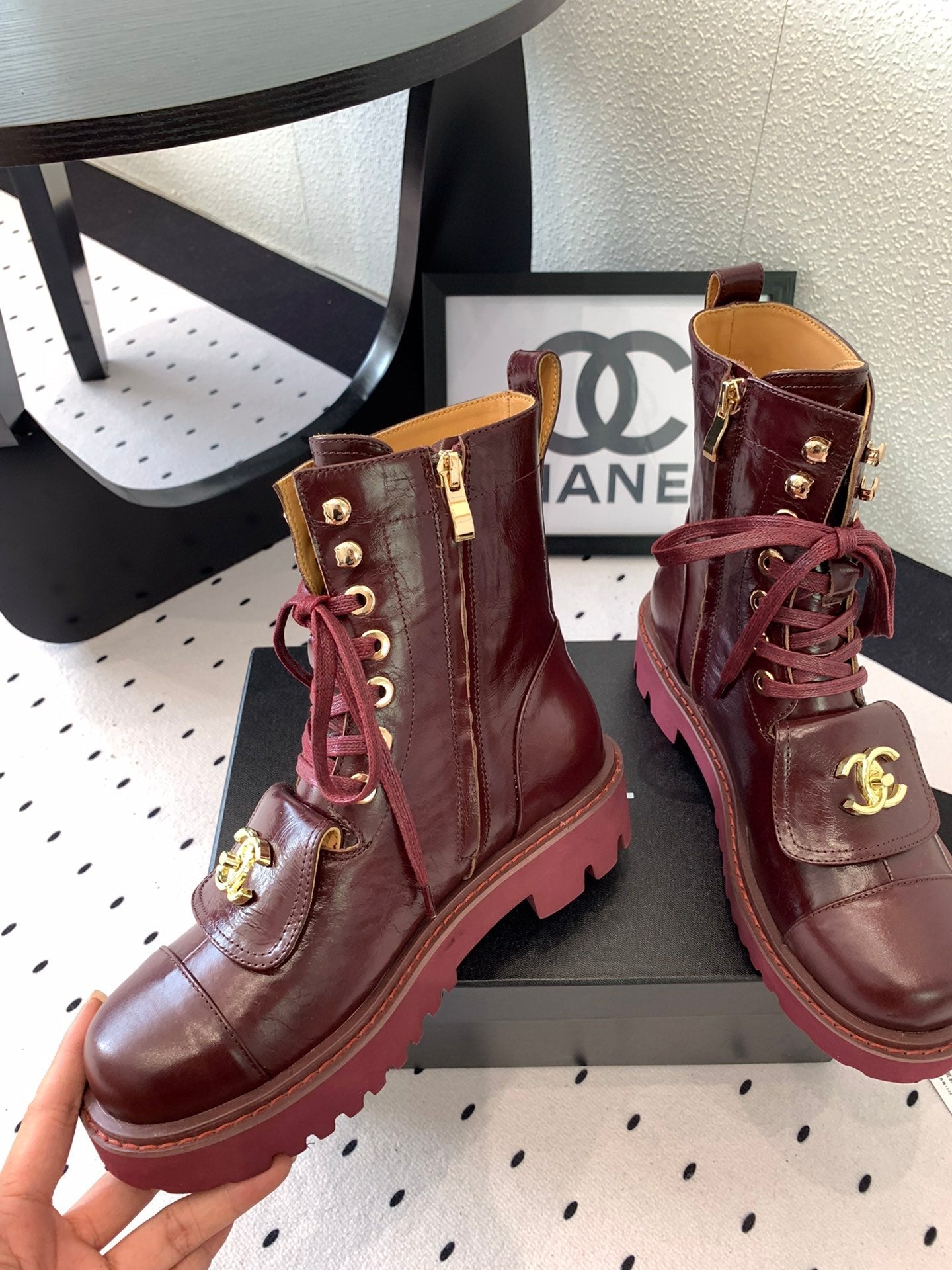 CC Short Boots In Burgundy Logo Print Lambskin  938058
