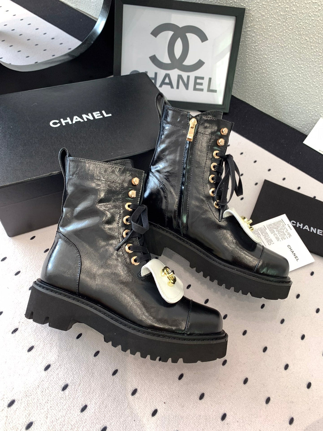 CC Short Boots In Black Mix White Logo Print Lambskin 938059