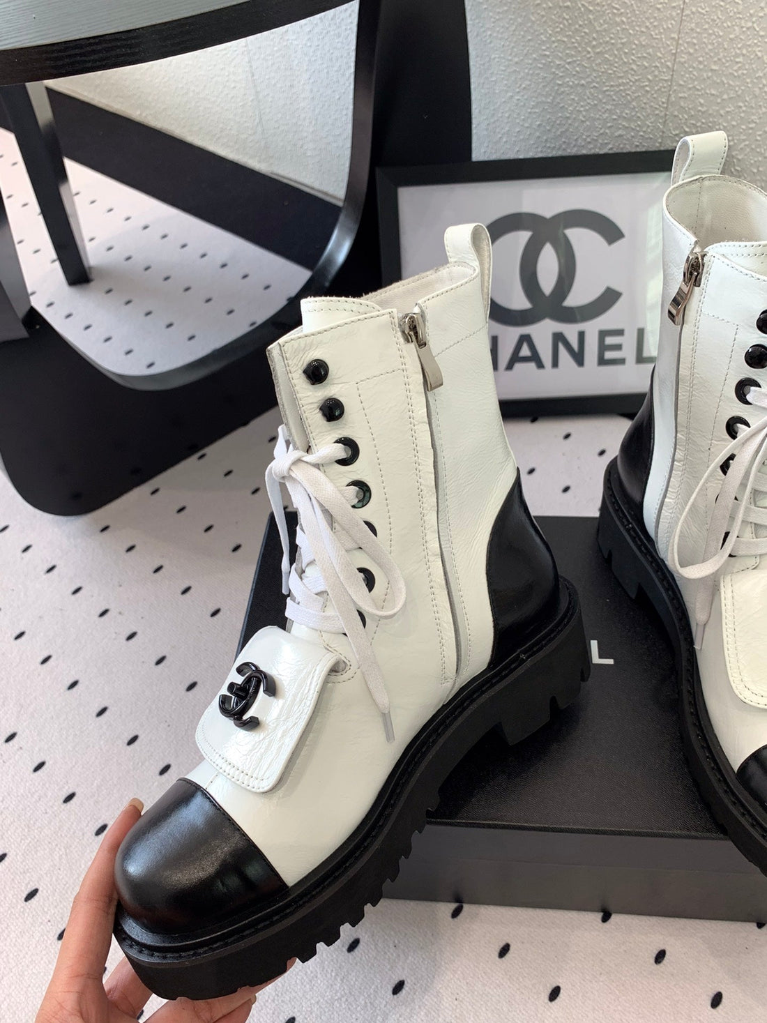 CC Short Boots In White Mix Black Logo Print Lambskin 938060