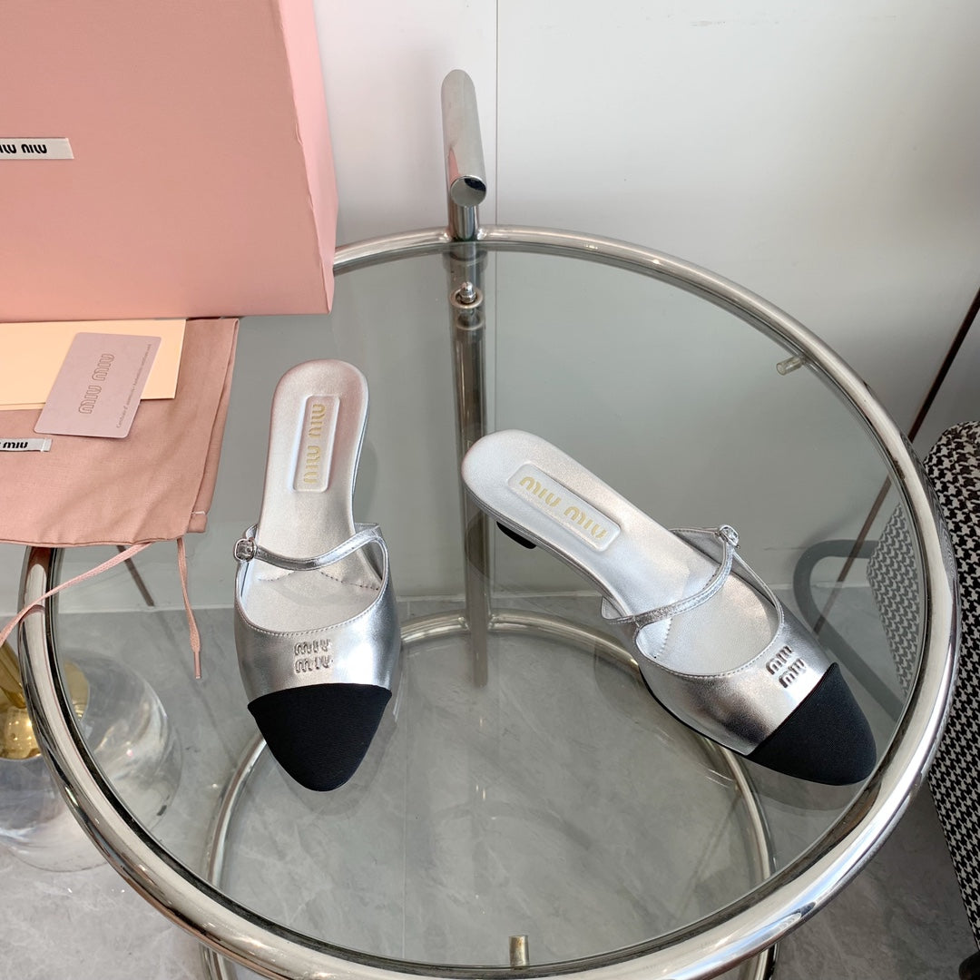 Miu Sandals Square Heel Shoes Silver Leather