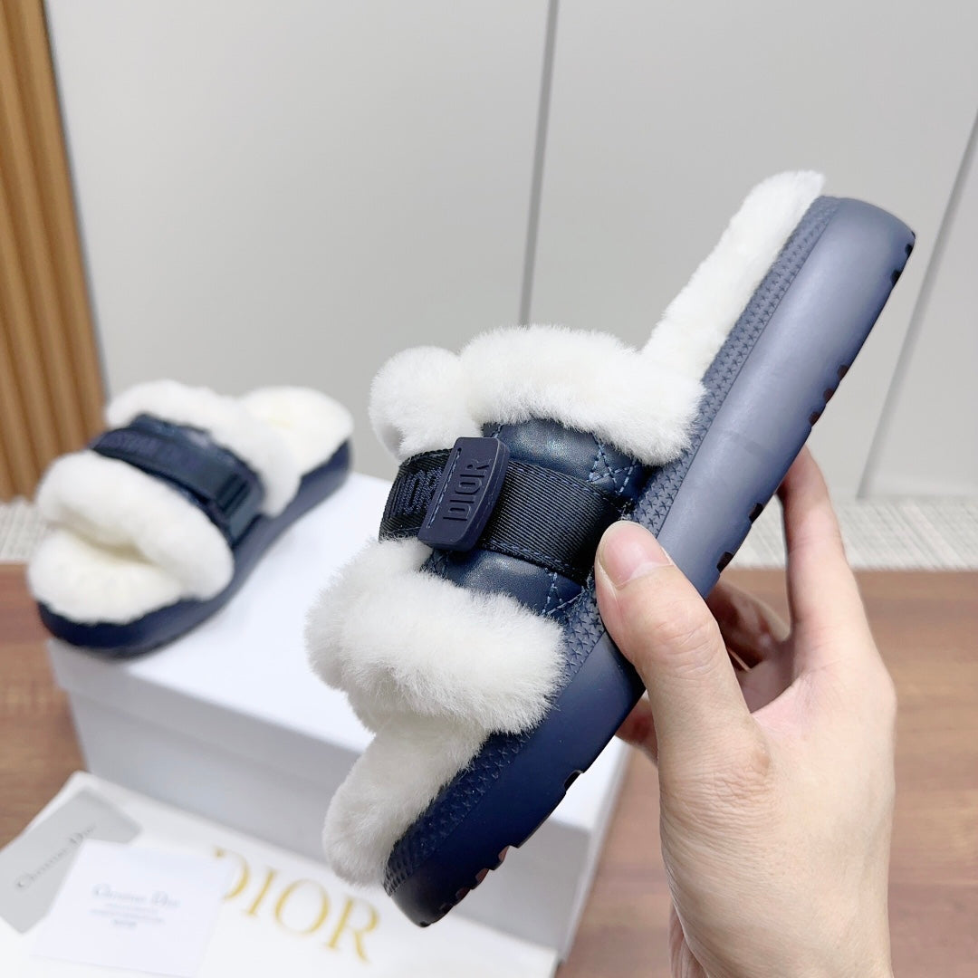 CD Dioriviera Dio(r)evolution Slide Deep Blue White Quilted Fleece Lining And Lambskin