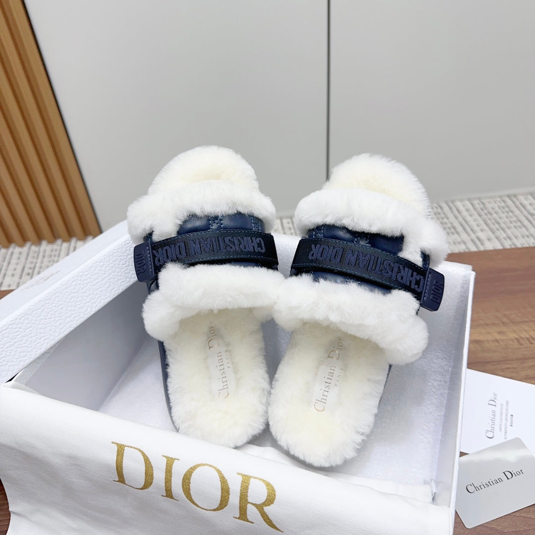 CD Dioriviera Dio(r)evolution Slide Deep Blue White Quilted Fleece Lining And Lambskin