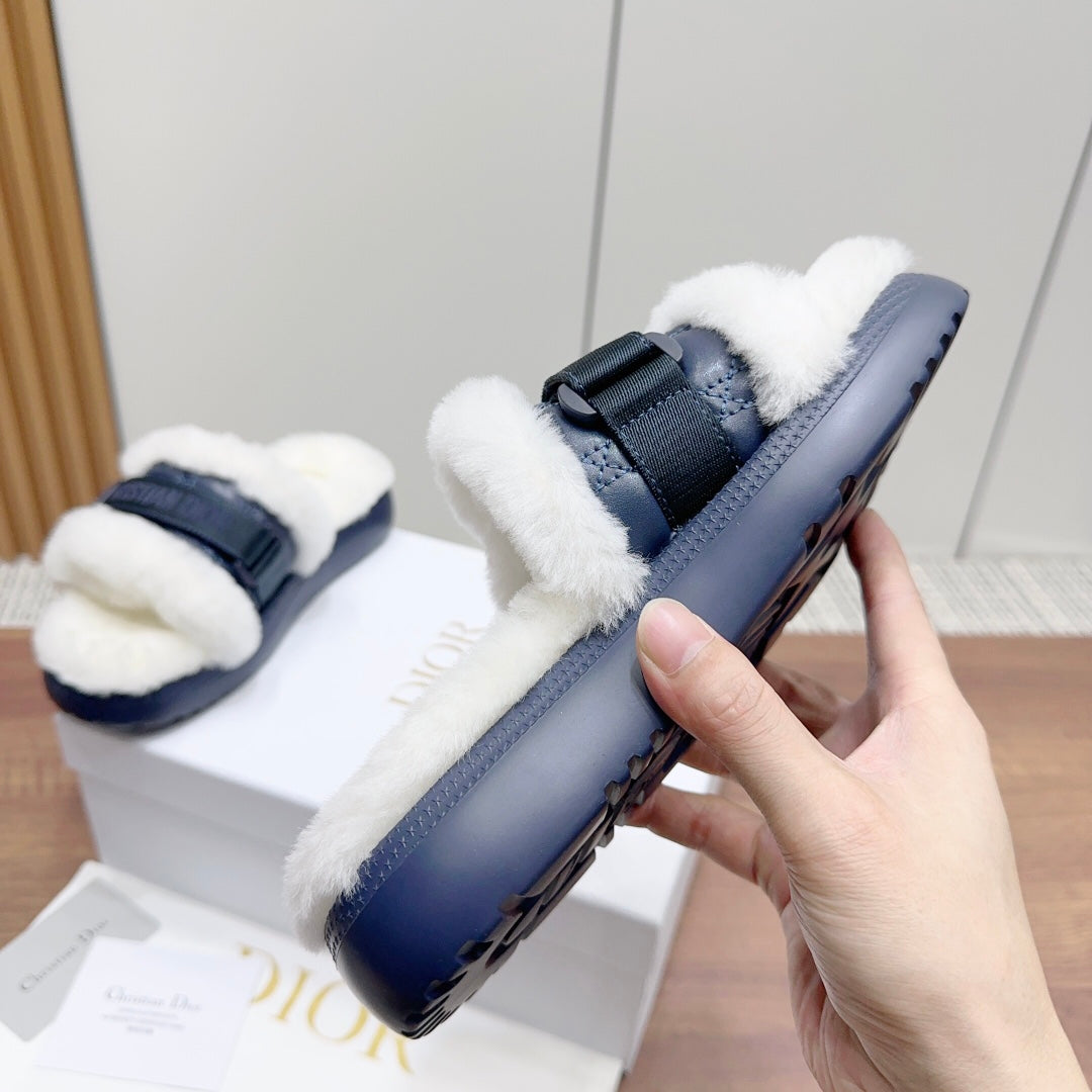 CD Dioriviera Dio(r)evolution Slide Deep Blue White Quilted Fleece Lining And Lambskin