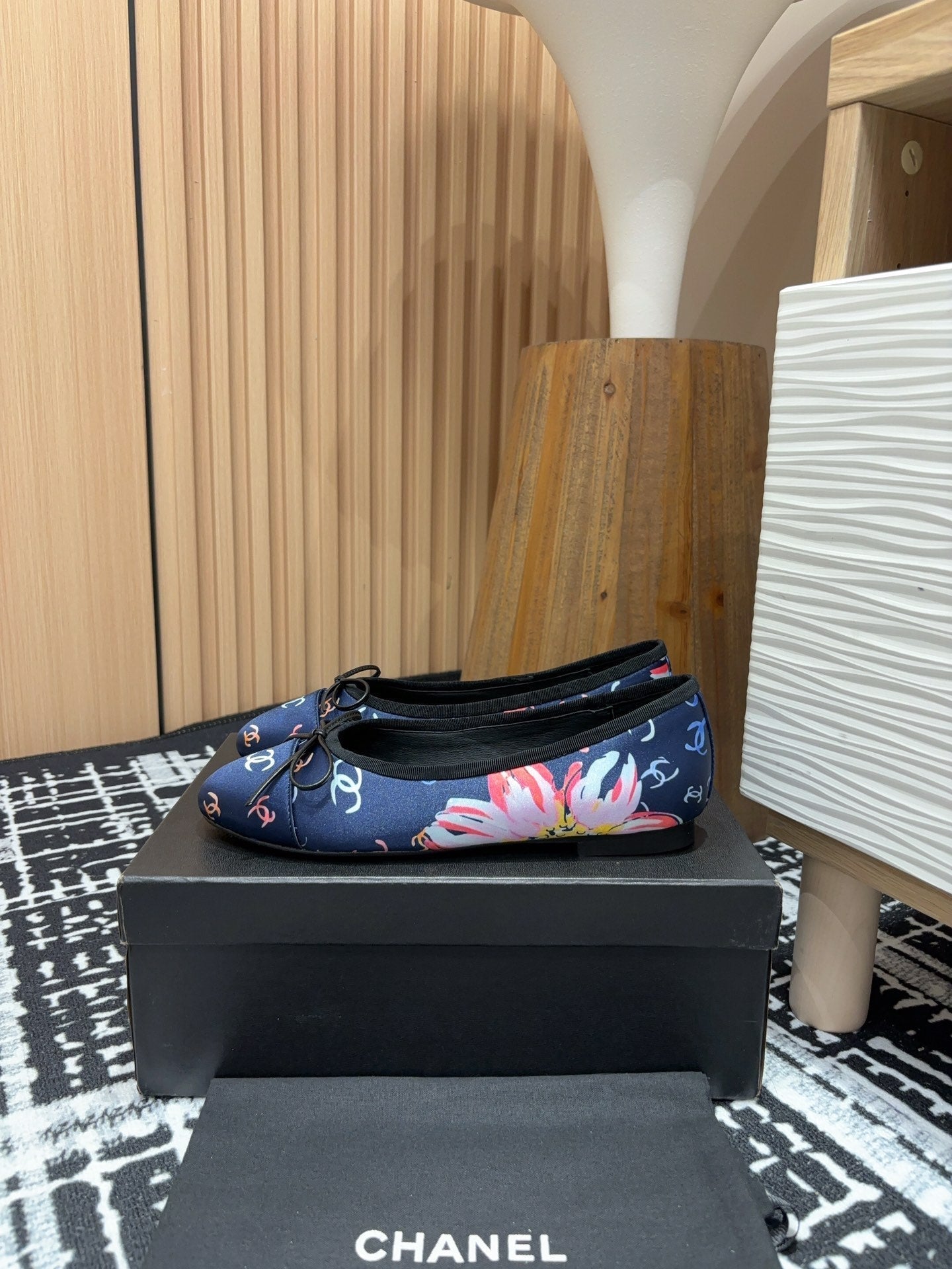 CC Ballet Flats Dark Blue Silk Flowers And Lambskin