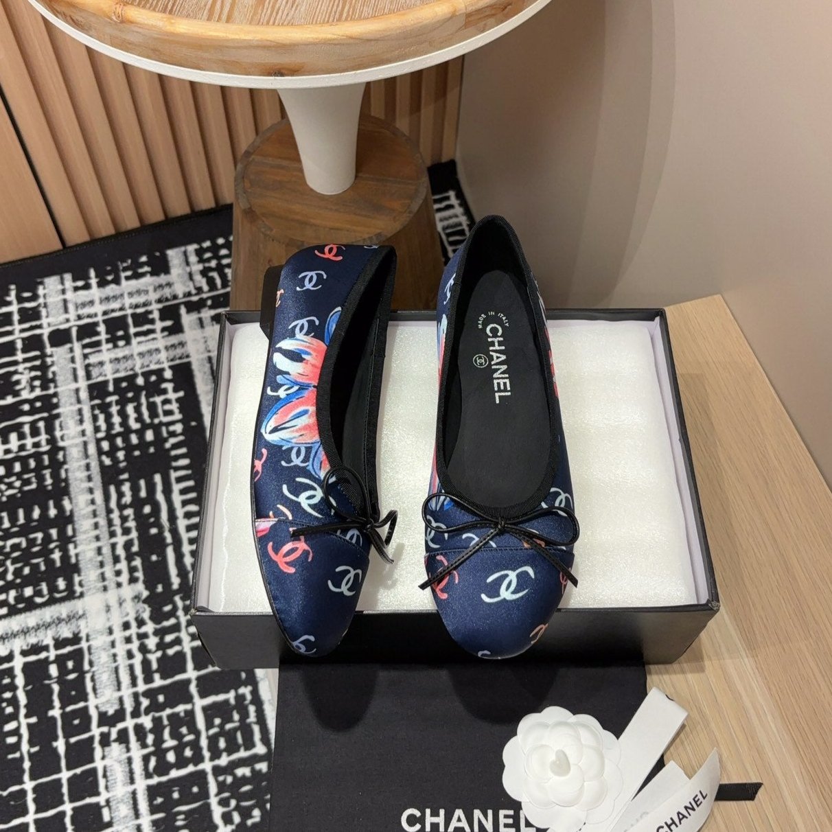 CC Ballet Flats Dark Blue Silk Flowers And Lambskin