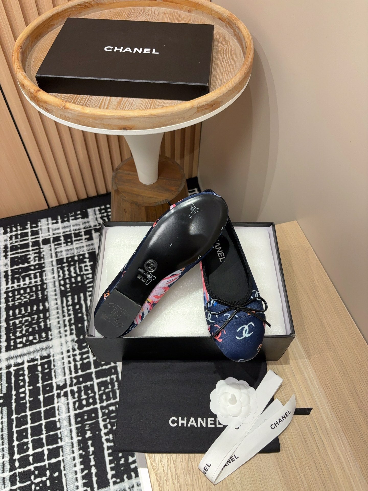 CC Ballet Flats Dark Blue Silk Flowers And Lambskin