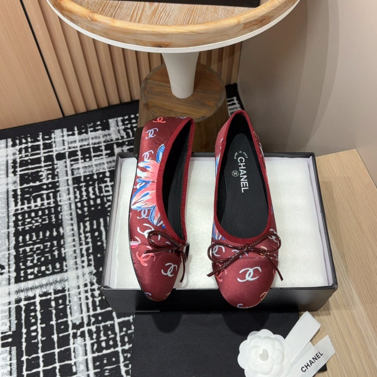 CC Ballet Flats Red Silk Flowers And Lambskin