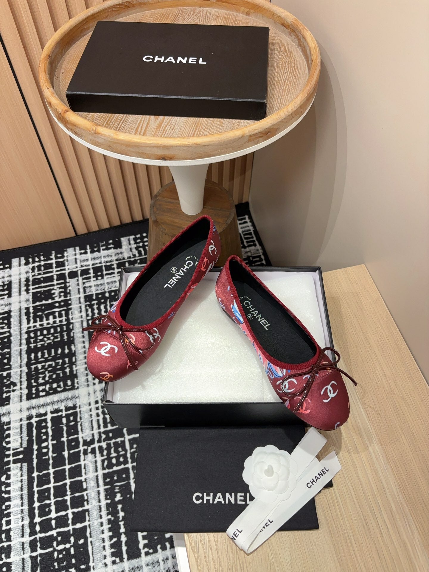 CC Ballet Flats Red Silk Flowers And Lambskin