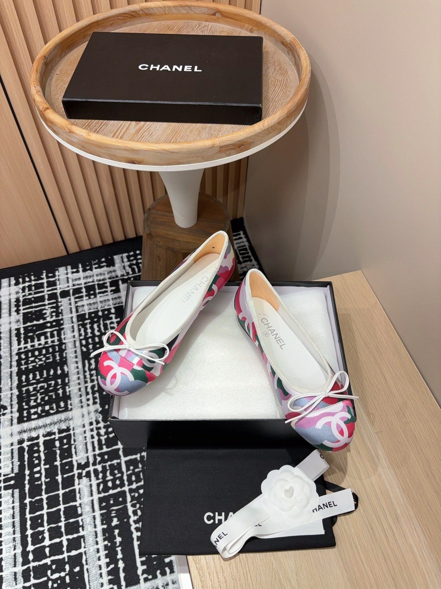 CC Ballet Flats White Pink Mix Blue Black Silk And Lambskin