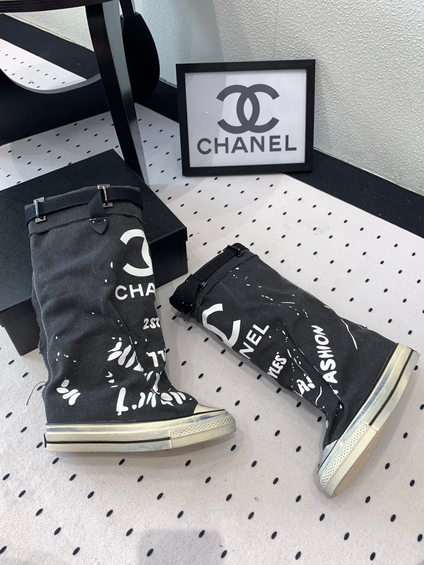 CC High-Top Canvas Boots Black White Denim Fabric  938046