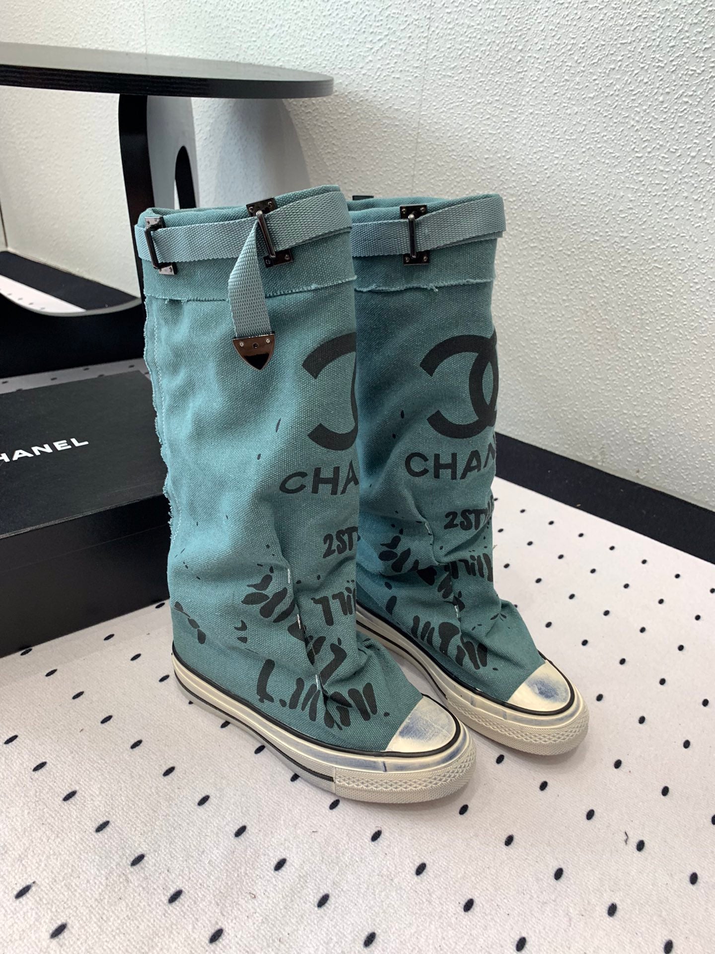 CC High-Top Canvas Boots Turquoise Black Denim Fabric 938047