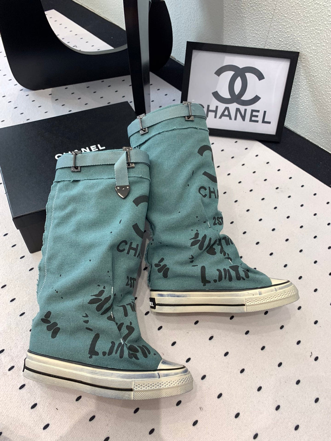 CC High-Top Canvas Boots Turquoise Black Denim Fabric 938047
