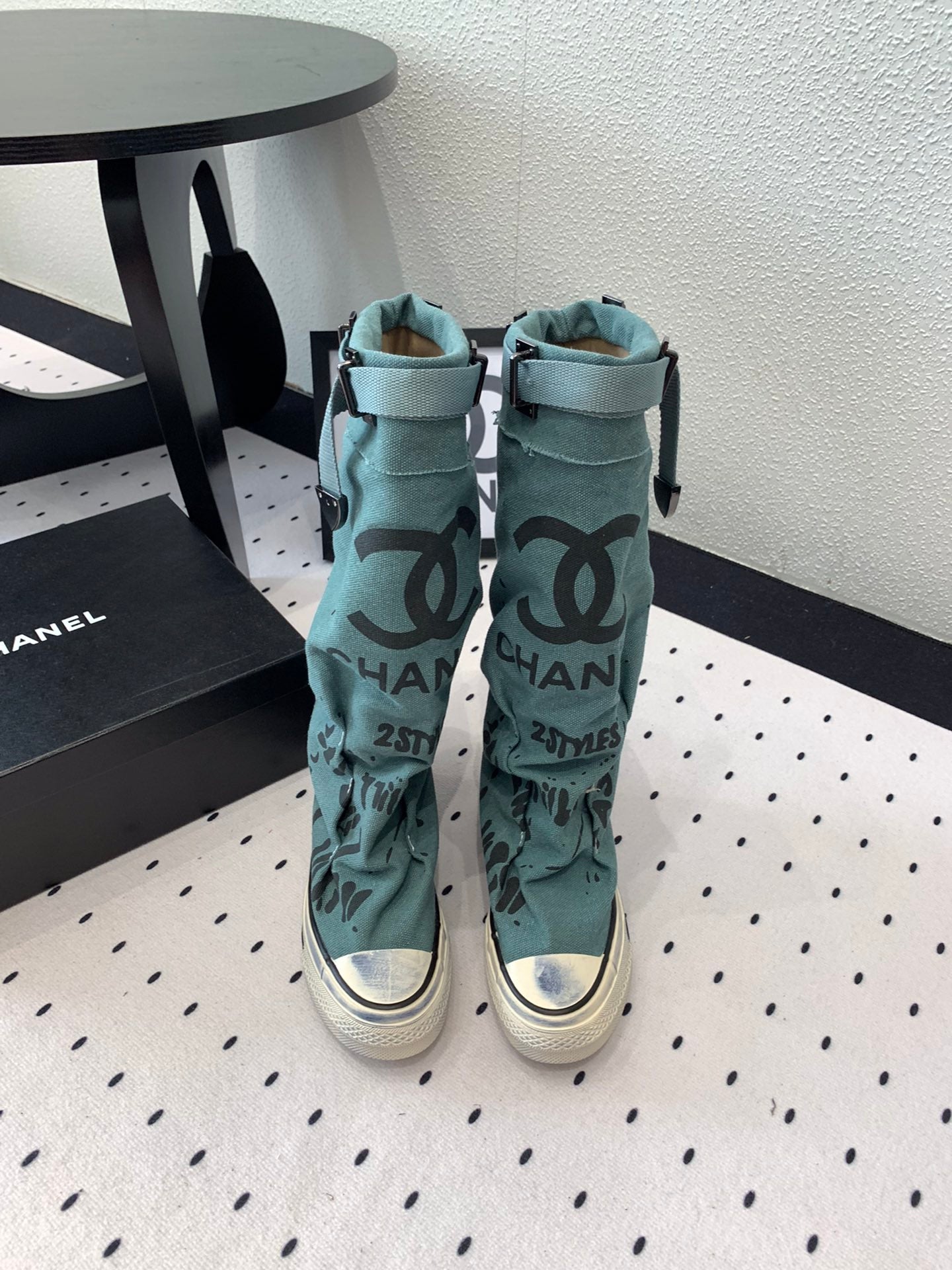 CC High-Top Canvas Boots Turquoise Black Denim Fabric 938047