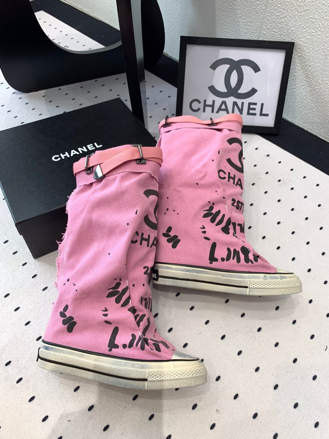 CC High-Top Canvas Boots Pink Black Denim Fabric 938048