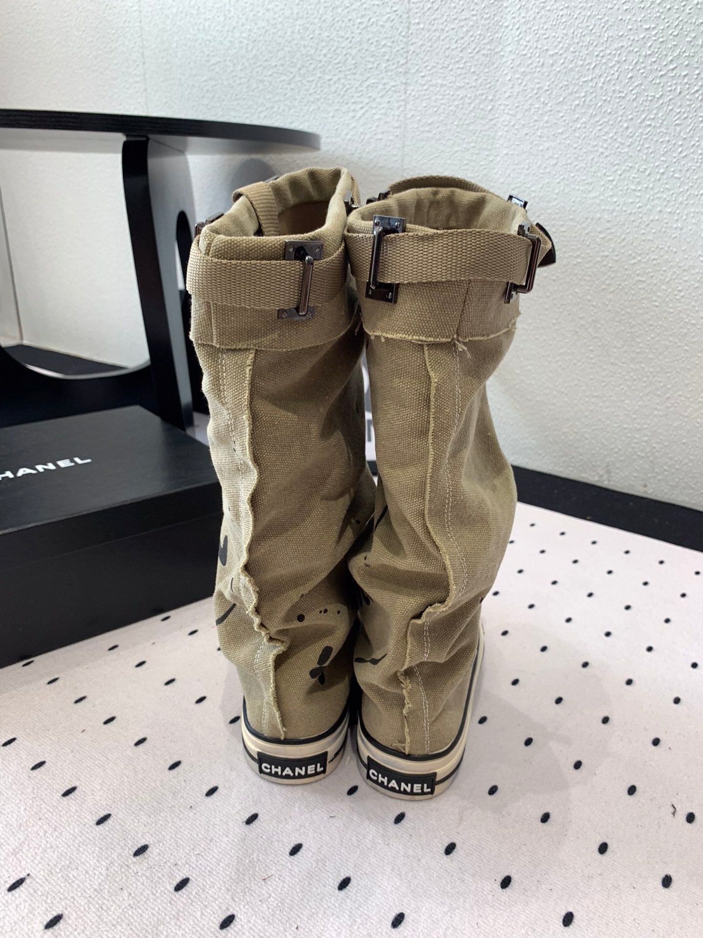 CC High-Top Canvas Boots Beige Black Denim Fabric  938050