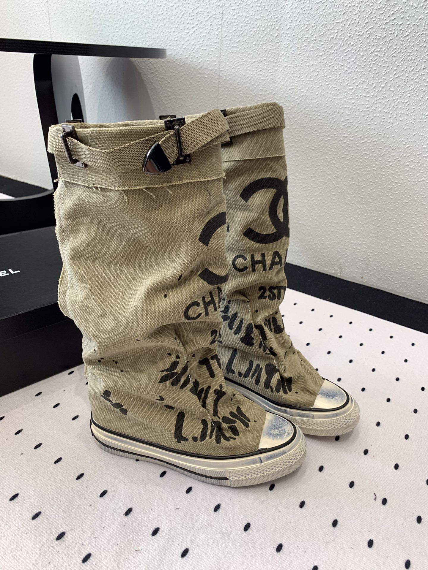 CC High-Top Canvas Boots Beige Black Denim Fabric  938050