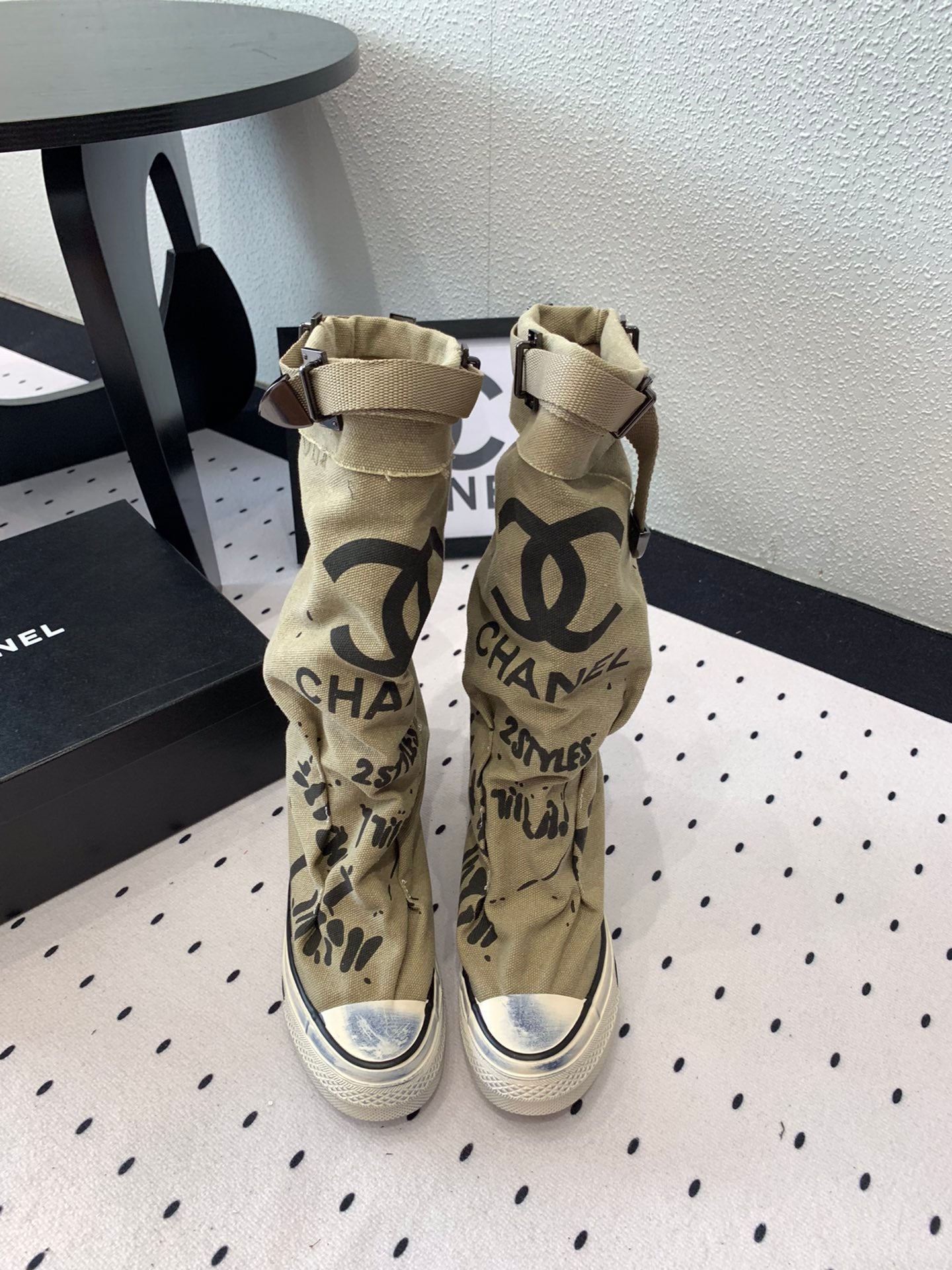 CC High-Top Canvas Boots Beige Black Denim Fabric  938050