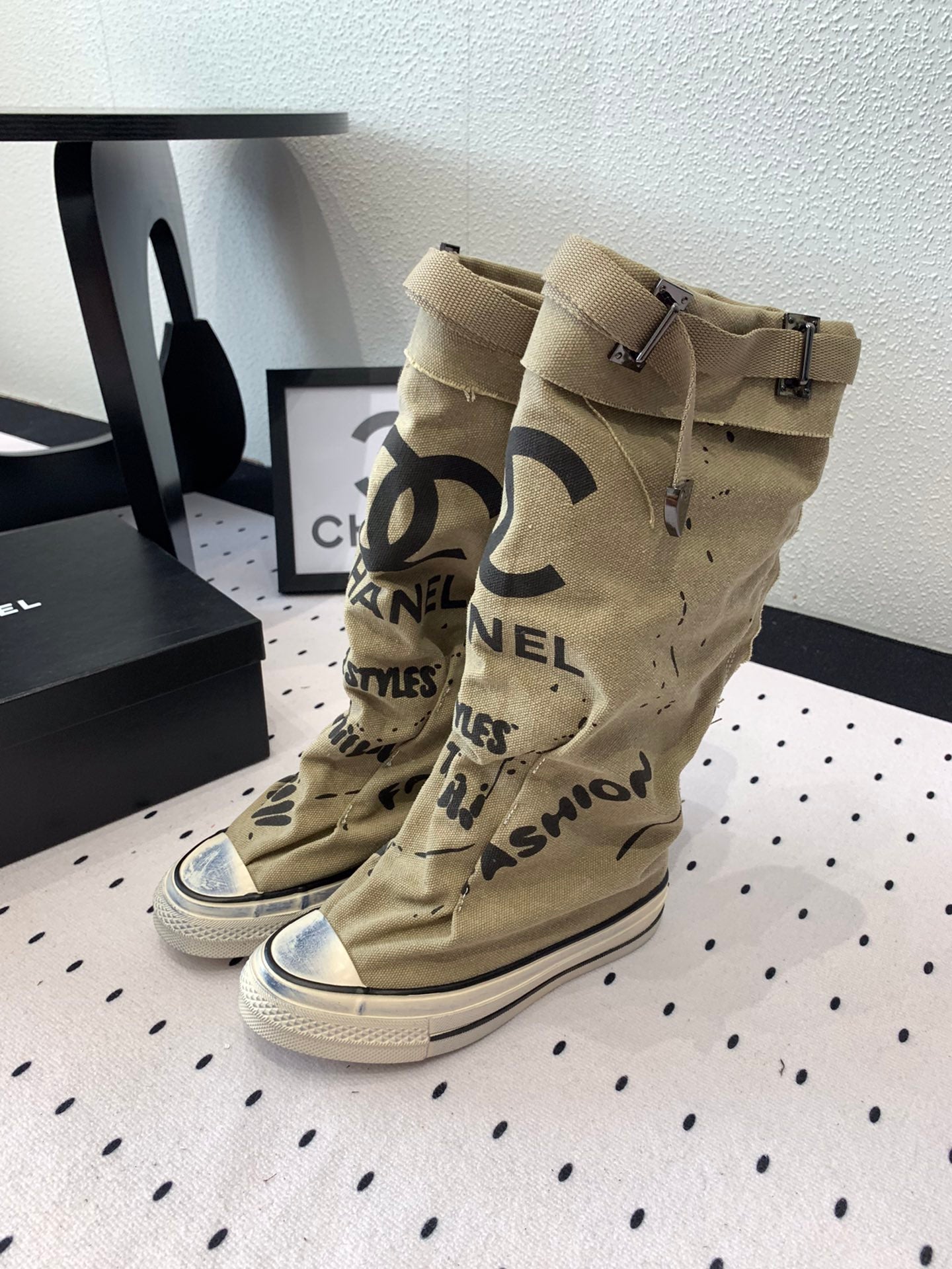 CC High-Top Canvas Boots Beige Black Denim Fabric  938050
