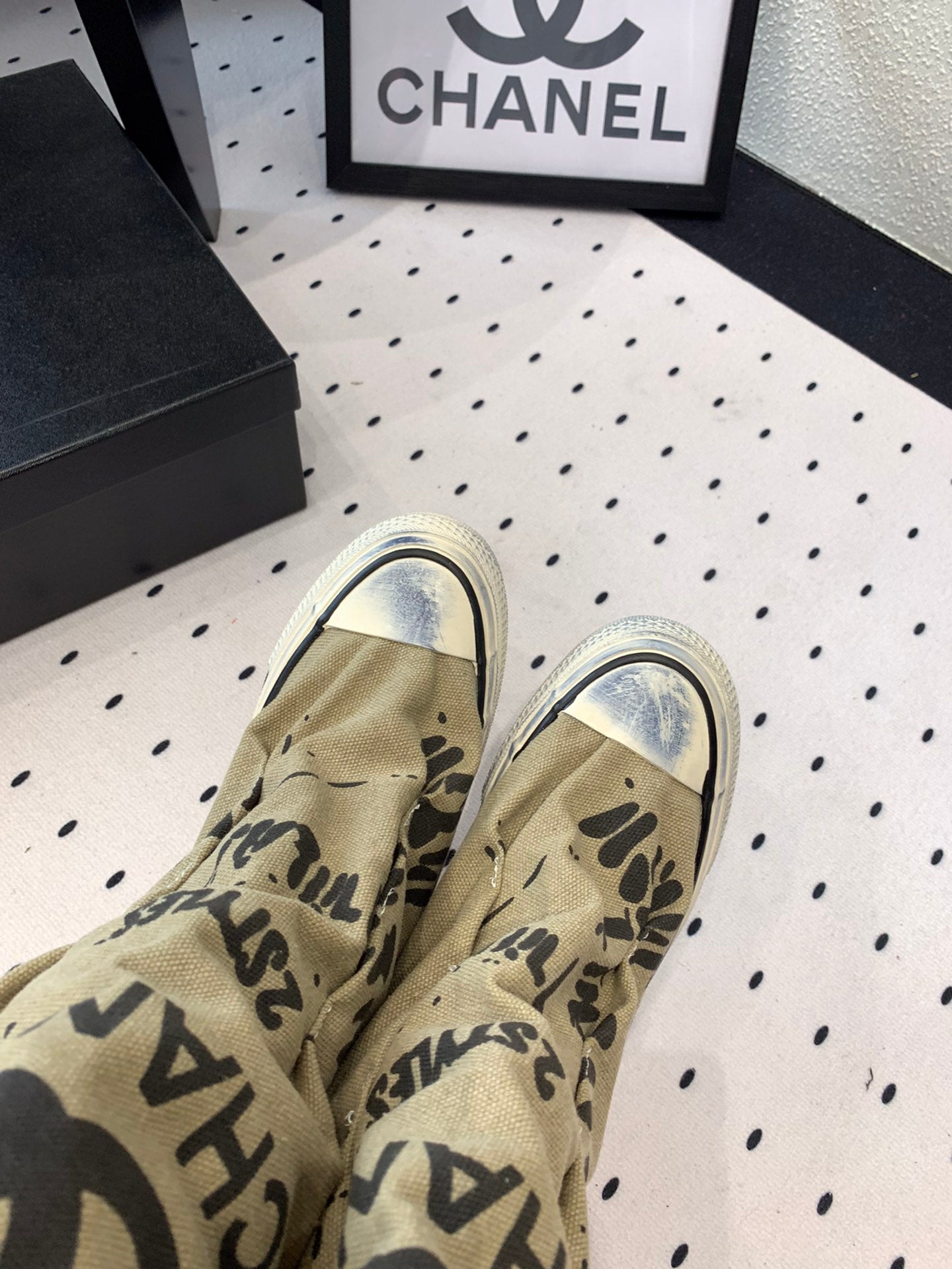 CC High-Top Canvas Boots Beige Black Denim Fabric  938050