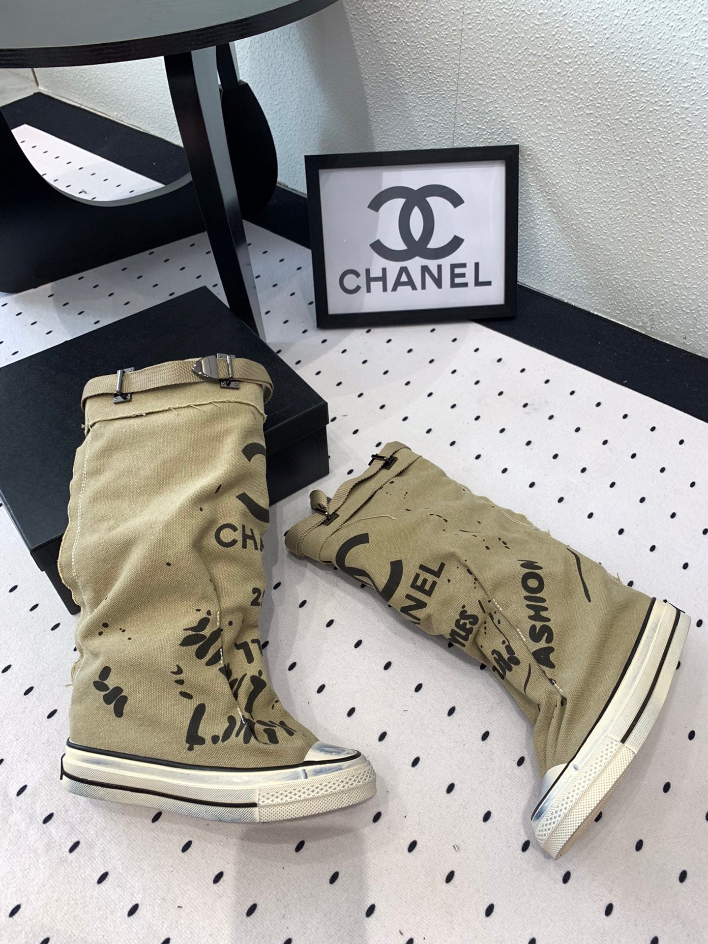 CC High-Top Canvas Boots Beige Black Denim Fabric  938050