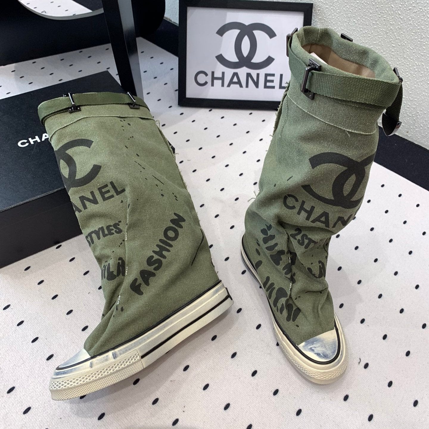 CC High-Top Canvas Boots Khaki Green Black Denim Fabric 938051
