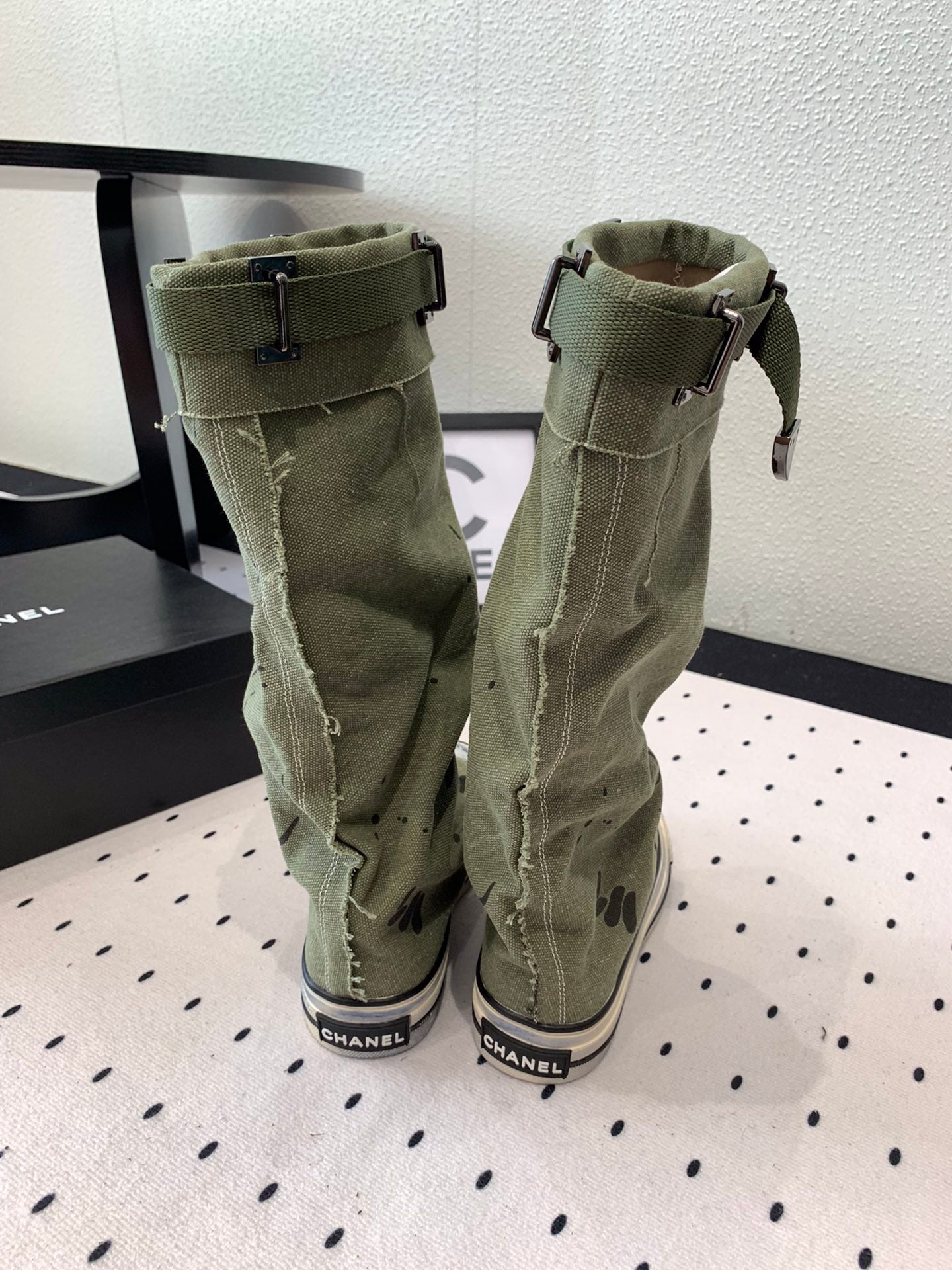 CC High-Top Canvas Boots Khaki Green Black Denim Fabric 938051