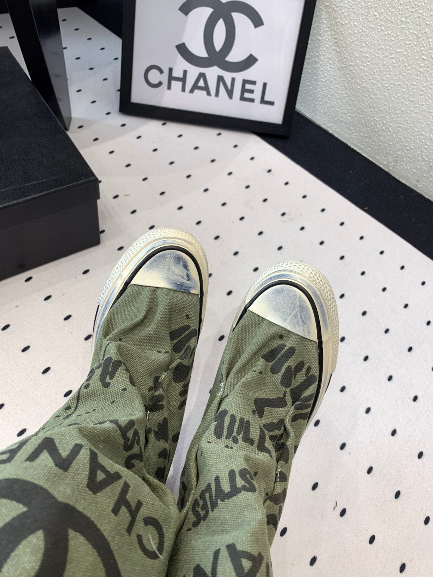 CC High-Top Canvas Boots Khaki Green Black Denim Fabric 938051