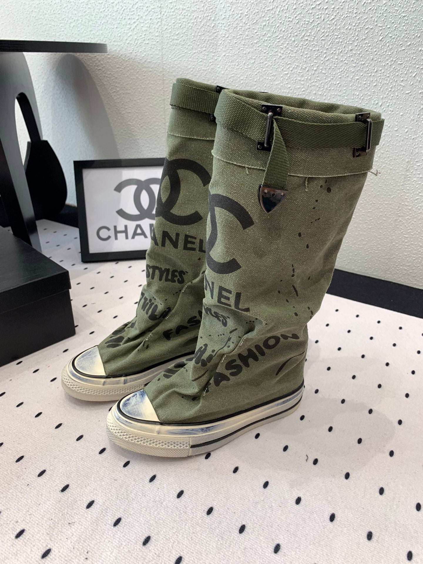 CC High-Top Canvas Boots Khaki Green Black Denim Fabric 938051