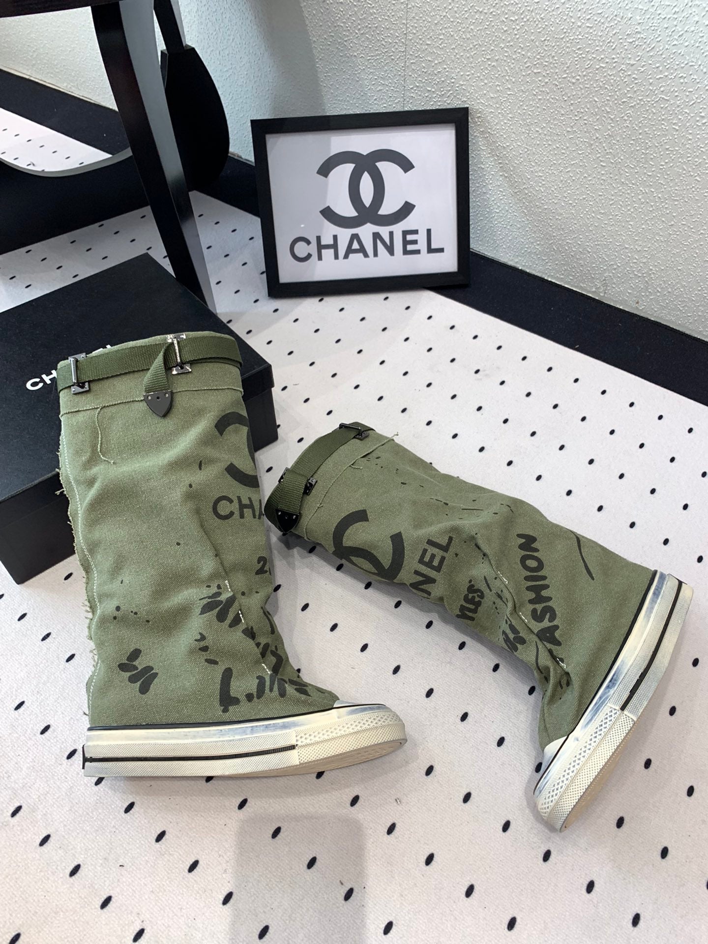 CC High-Top Canvas Boots Khaki Green Black Denim Fabric 938051