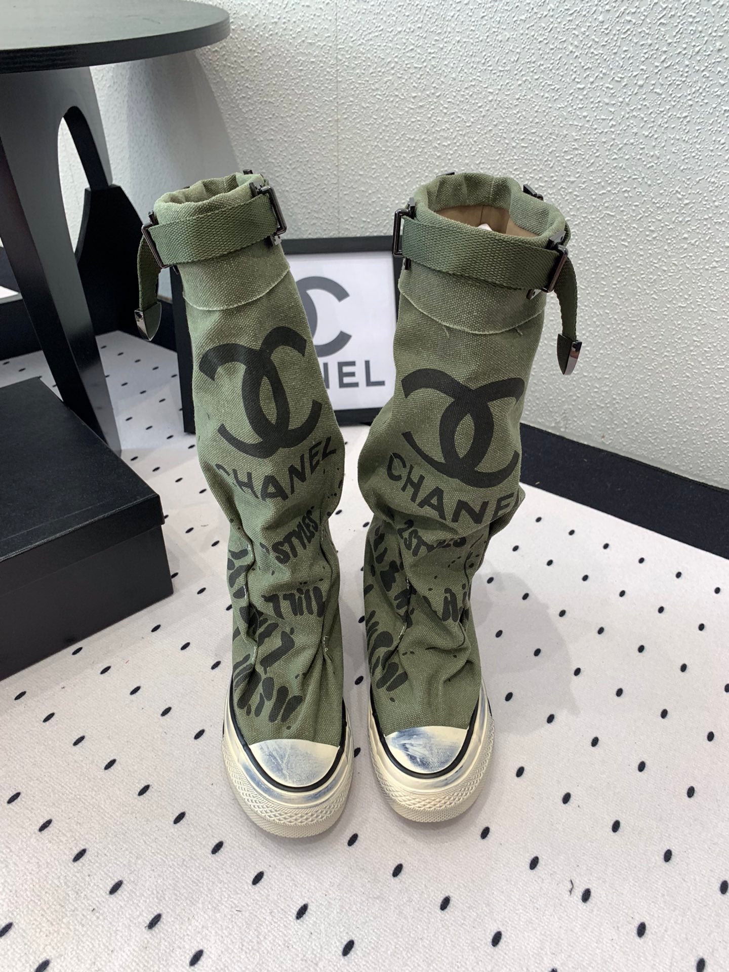 CC High-Top Canvas Boots Khaki Green Black Denim Fabric 938051