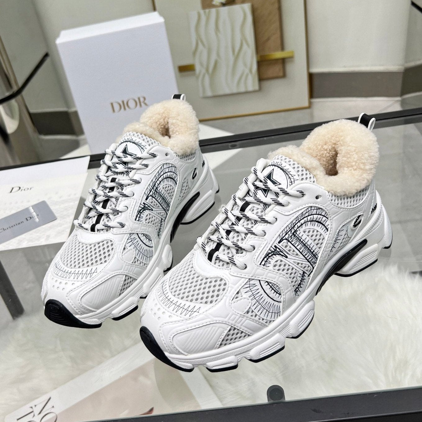 CD Chrono Sneaker White Black Wool Lining Mesh Fabric And Calfskin