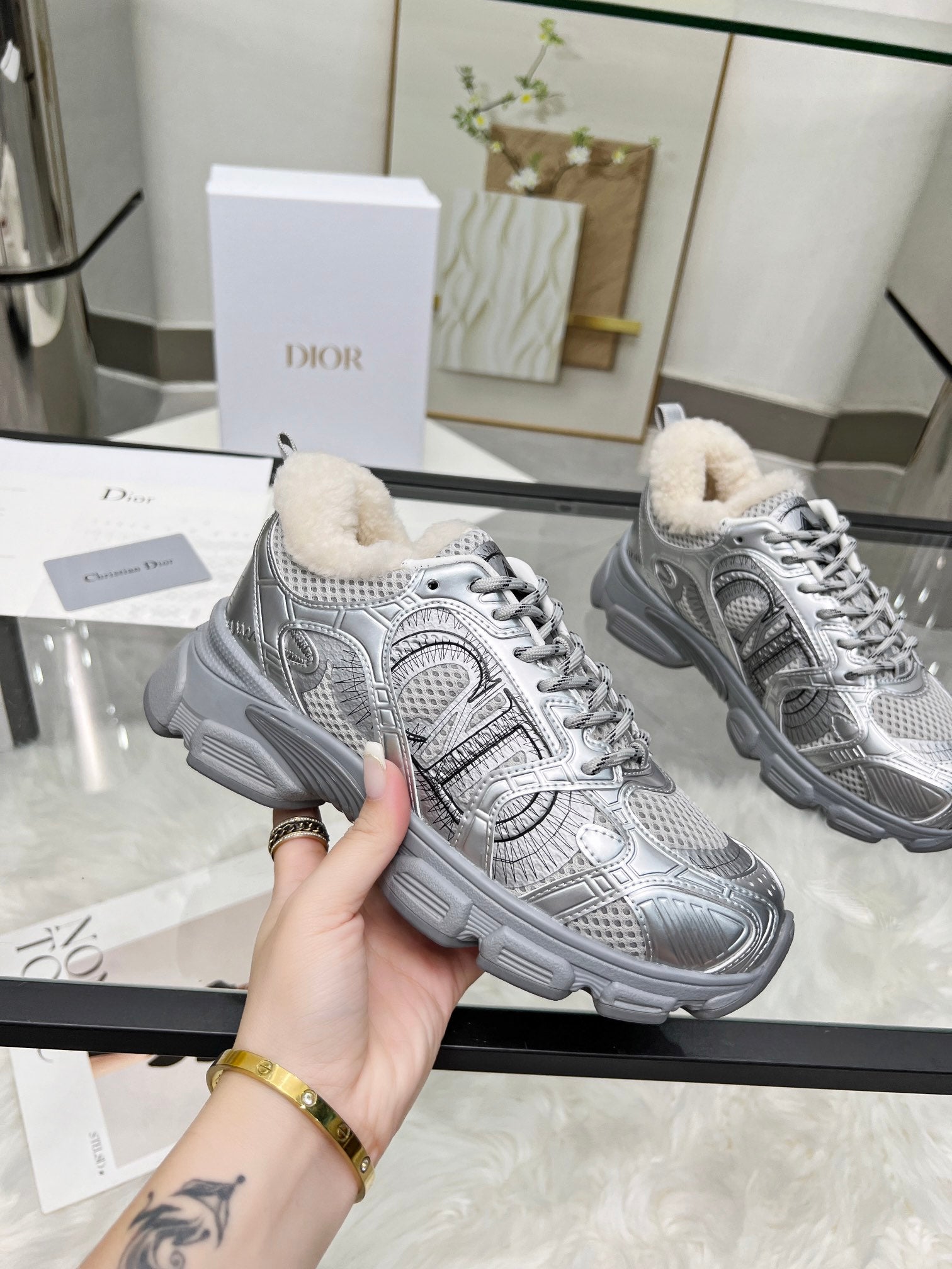 CD Chrono Sneaker Grey Wool Lining Mesh Fabric And Calfskin