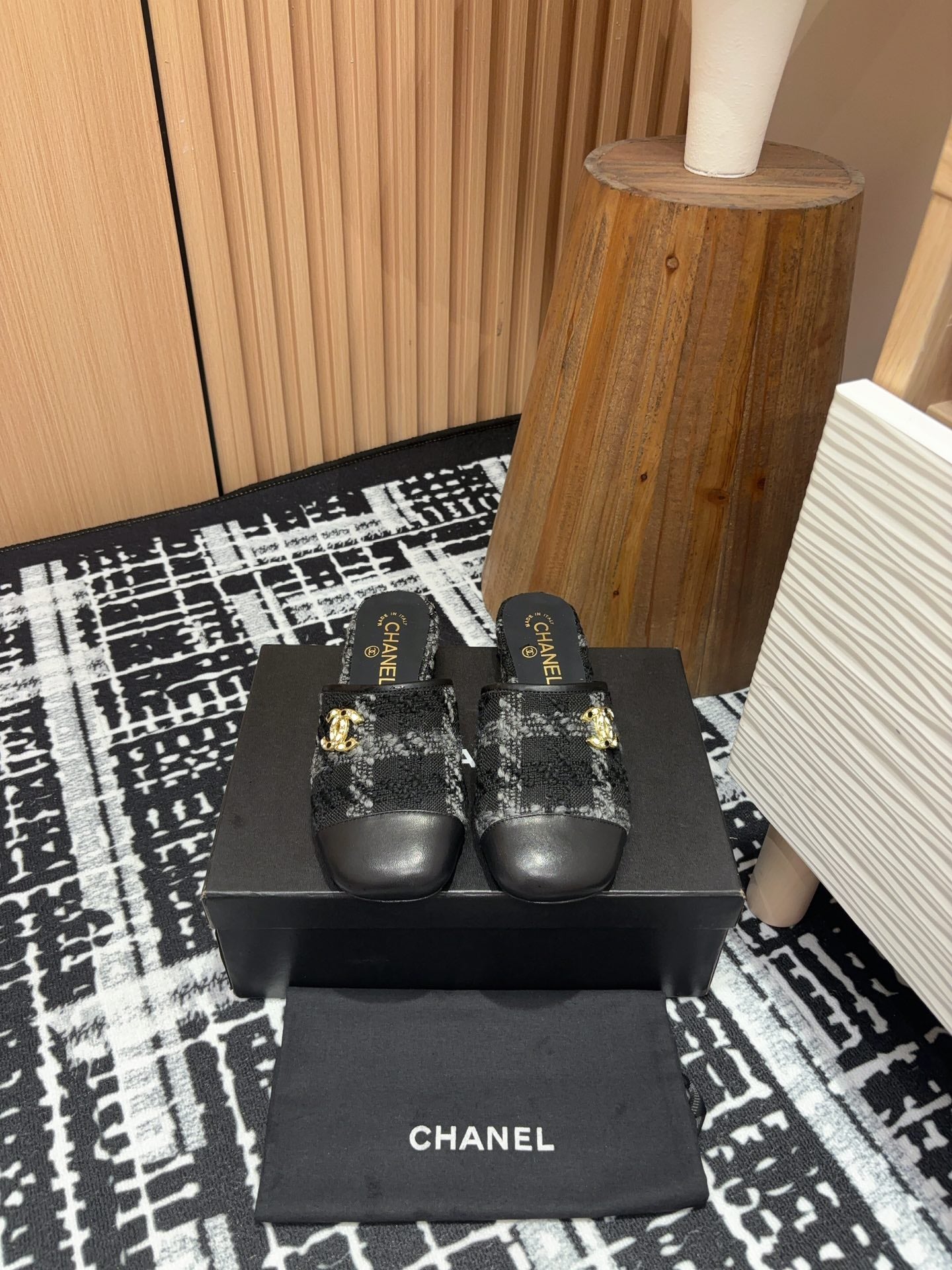 CC Mule 30mm In Black Wool Tweed And Lambskin Gold Hardware