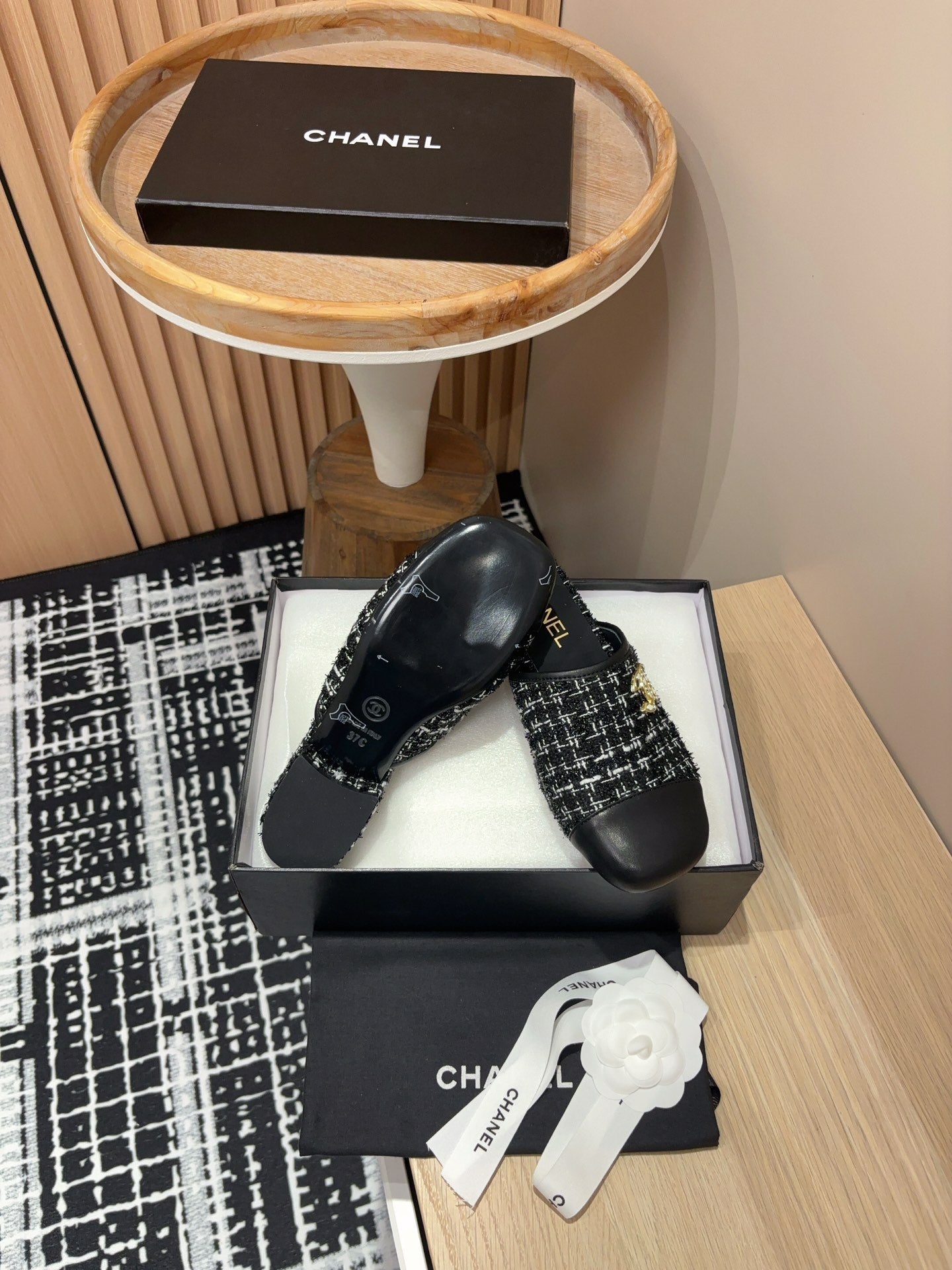 CC Mule 30mm In Black Mix White Wool Tweed And Lambskin